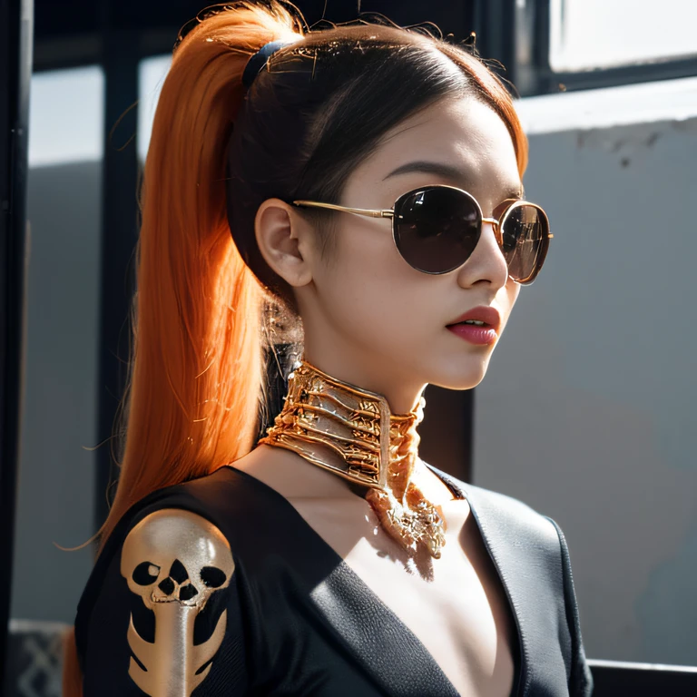 Wear thick gold-framed sunglasses,32K(tmasterpiece,k hd,hyper HD,32K)Bright orange double ponytail hair,Silver Skull Abandoned Area of the Pond,Indigo Skull King ,Hold the big G steering wheel (The skeleton is realistic:1.4),Skull pattern robe,Silver skull flower ornaments,Petals flutter,Colored ball head,Hold your head high,Be proud,The nostrils look at people, A high resolution, the detail, RAW photogr, Sharp Re, Nikon D850 Film Stock Photo by Jefferies Lee 4 Kodak Portra 400 Camera F1.6 shots, Rich colors, ultra-realistic vivid textures, Dramatic lighting, Unreal Engine Art Station Trend, cinestir 800,Hold your head high,Be proud,The nostrils look at people,Tsundere,Petals flutter,Petals flutter,Sprinkle with gold dust,Fluttering,Impeccable,( reasonable design, Clear lines, High sharpness,Best quality, Very detailed skeleton, The skeleton of a masterpiece, offcial art, movie light effect, 4K skeleton(((Wear thick gold-framed sunglasses)))Bright orange double ponytail hair