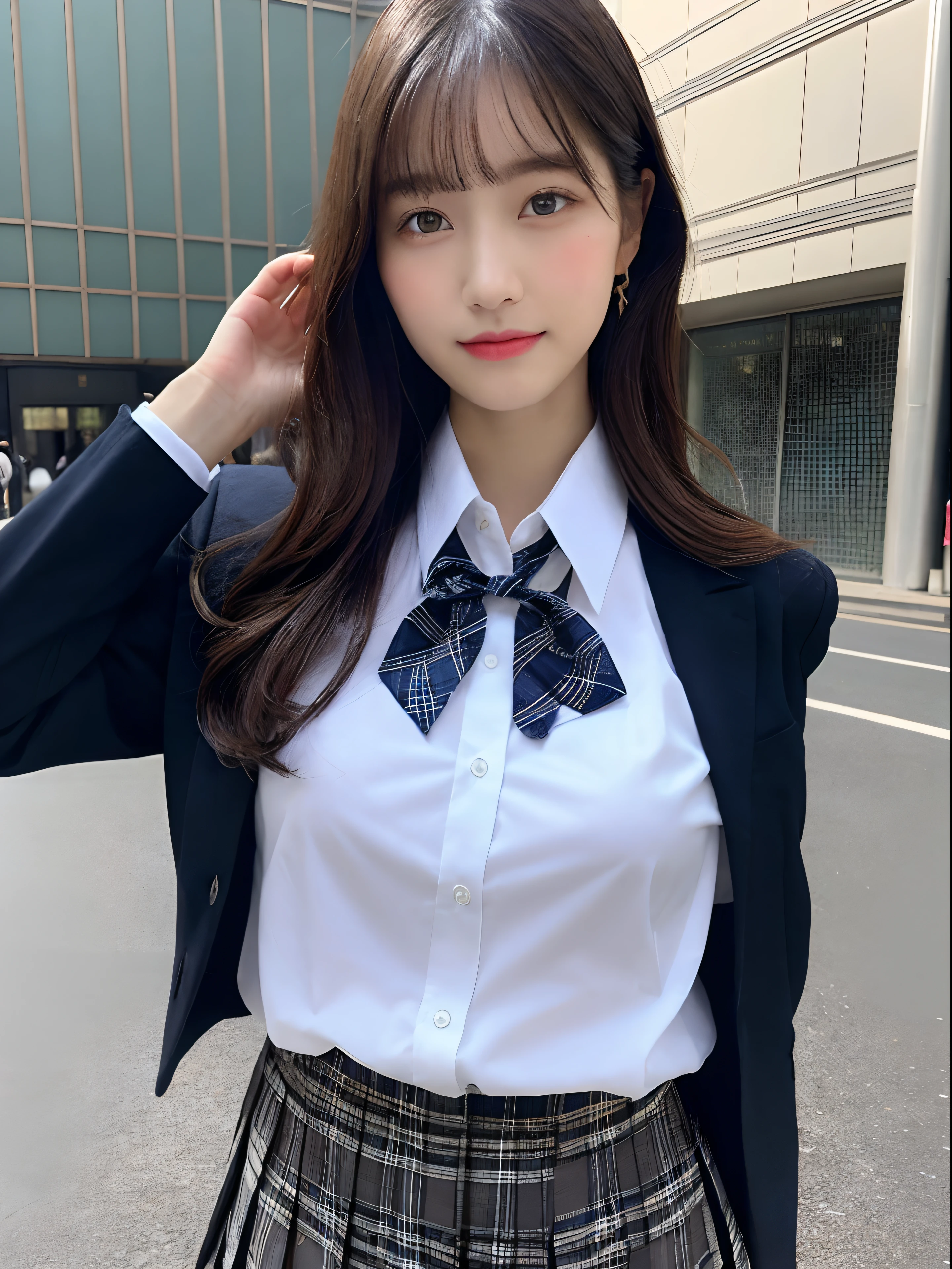 ((top-quality、8K、masterpiece:1.3))、foco nítido:1.2、Beautiful schoolgirl in perfect style:1.4、A slender、((A dark-haired、tits out:1.2))、gravure model、(natural soft light、street snap、TOKYOcty、Harajuku:1.1)、Highly detailed facial and skin texture、A detailed eye、二重まぶた、Sweaty、A sexy、((Uniform 1.5))、jk suit plaid skirt pleated skirt shirt bowtie