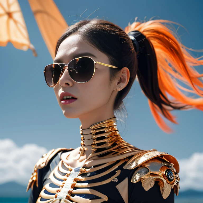 Wear thick gold-framed sunglasses，32K（tmasterpiece，k hd，hyper HD，32K）Bright orange double ponytail hair，Silver Skull Abandoned Area of the Pond，Indigo Skull King ，Hold the big G steering wheel （The skeleton is realistic：1.4），Skull pattern robe，Silver skull flower ornaments，Petals flutter，Colored ball head，Hold your head high，Be proud，The nostrils look at people， A high resolution， the detail， RAW photogr， Sharp Re， Nikon D850 Film Stock Photo by Jefferies Lee 4 Kodak Portra 400 Camera F1.6 shots, Rich colors, ultra-realistic vivid textures, Dramatic lighting, Unreal Engine Art Station Trend, cinestir 800，Hold your head high，Be proud，The nostrils look at people，Tsundere，Petals flutter，Petals flutter，Sprinkle with gold dust，Fluttering，Impeccable，( reasonable design, Clear lines, High sharpness,Best quality, Very detailed skeleton, The skeleton of a masterpiece, offcial art, movie light effect, 4K skeleton（（（Wear thick gold-framed sunglasses）））Bright orange double ponytail hair