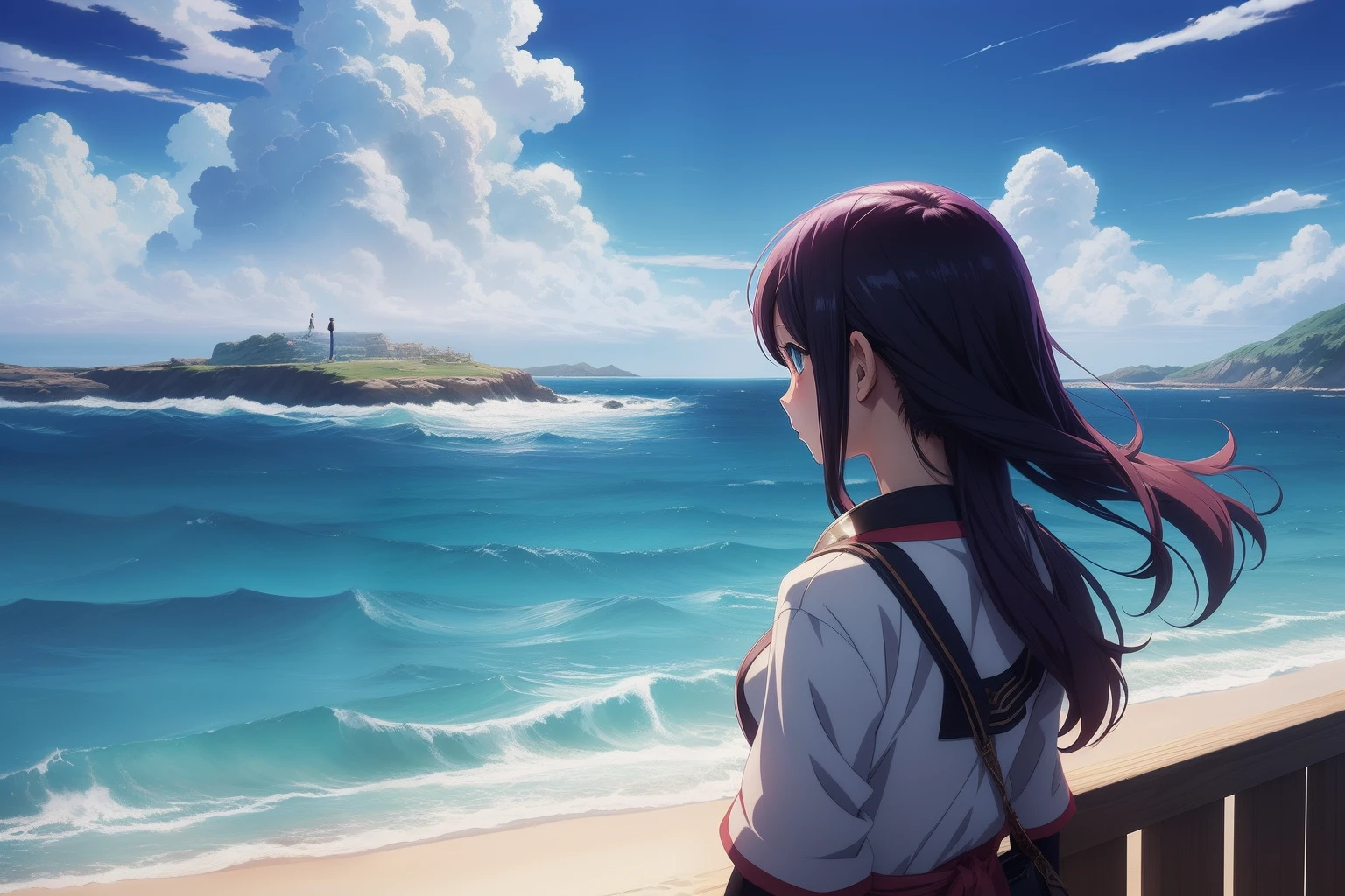 anime artwork a girl looking at the sea, dramatic, anime style, key visual, vibrant, studio anime, highly detailed