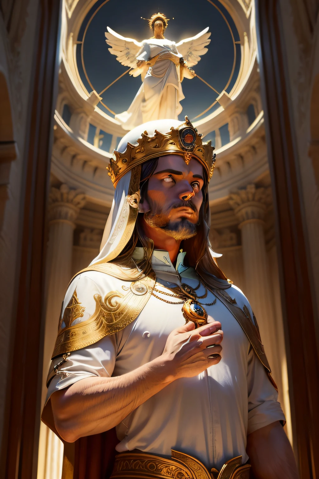 Deus Observando: A heavenly figure observing the efforts of the peoples, with an air of concern and consideration. This may emphasize divine intervention in history.