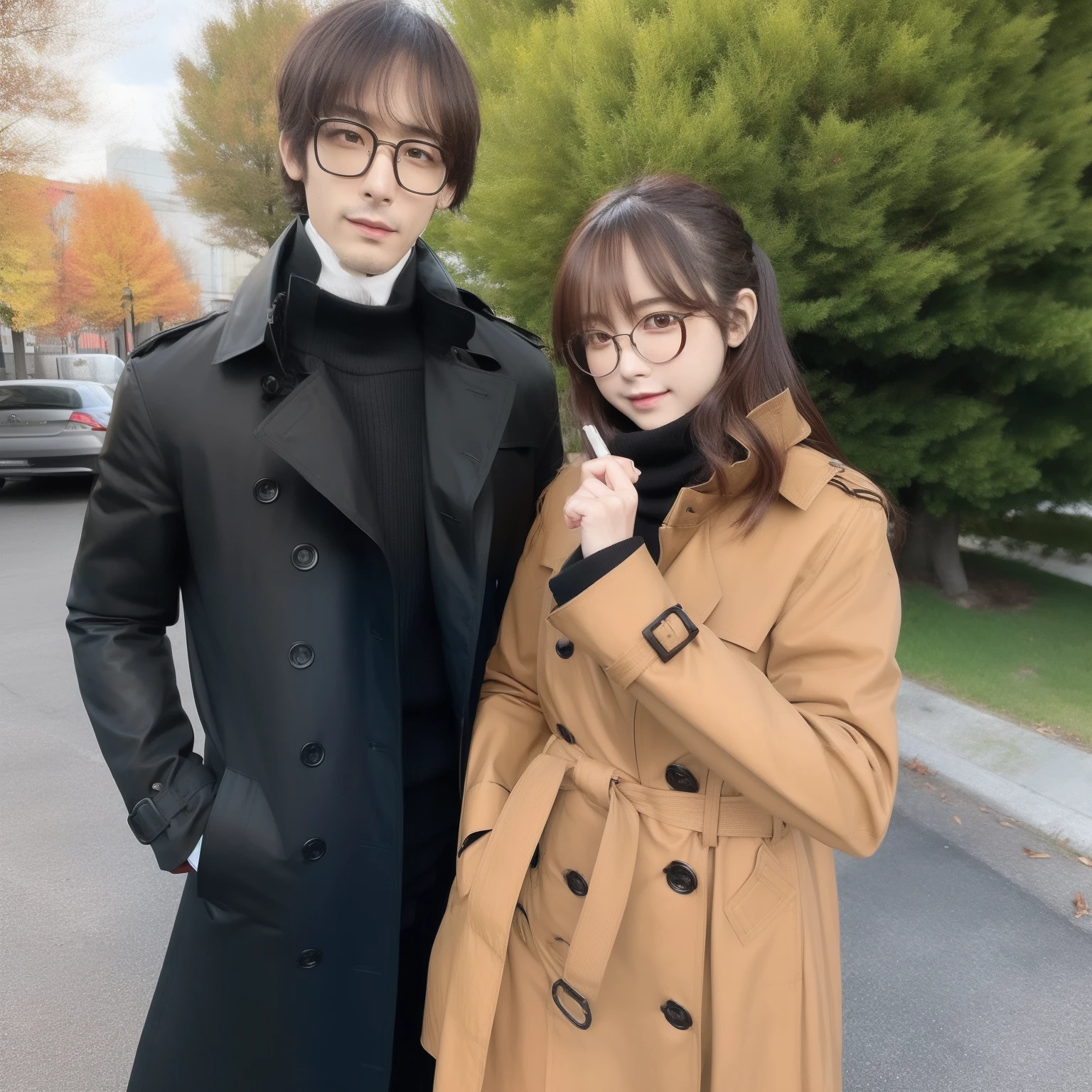 anime girl in a trench coat smoking a cigarette, he is wearing a brown trenchcoat, ( ( wearing a brown long coat ) ), he is wearing a black trenchcoat, as an anime character, detective clothes, detective coat, glasses, black eyes, fair skin, anime character, kentaro miura manga art style