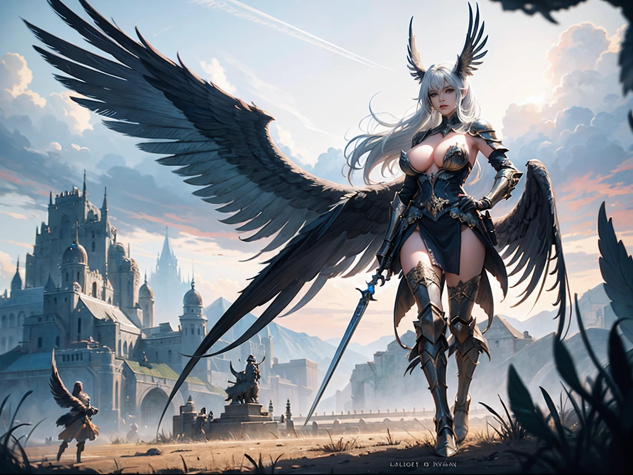 Matte Digital Painting, Concept art, fantasy,mythical, ((chicken:0.7)girl), feathers on her back, wings, huge breasts, full body, birdlike legs, sharp eyes, claws, golden outline, holding a silver spear, dynamic perspective, feathers falling in the background, carnage, well dressed, fully covered, armoury, several long tunics hanging from her waist, sharp focus, extremely detailed, ancient textured art armory