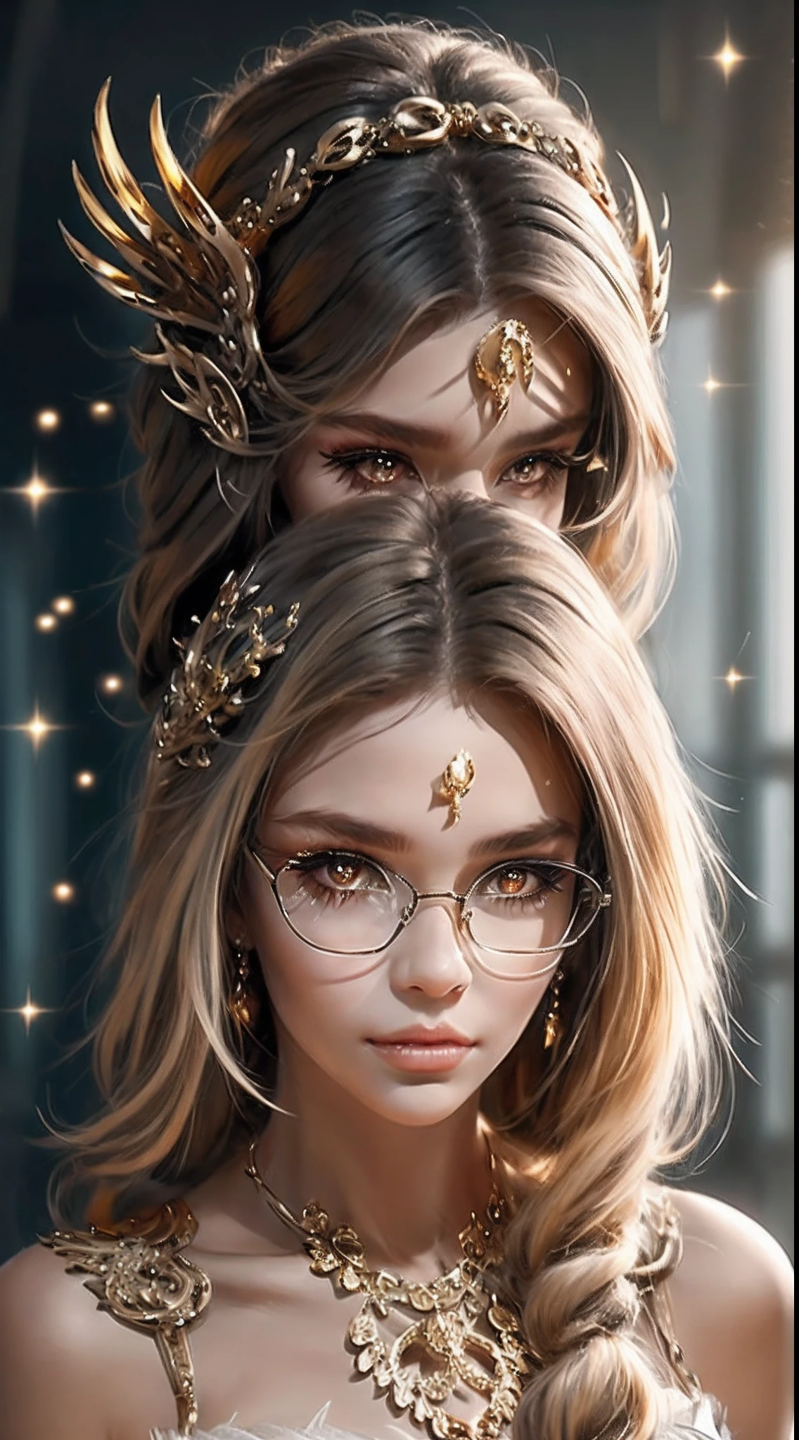(Blonde 1。3 Lots of hair1。3 Delicate hair 1。2),(Big red eyes+gold-wire glasses:1.2+Intellectual beauty:1.1),"Crystal face lines sparkle on the forehead",femele,delicate depiction of skin,The gold-tone metal dragon headdress pattern is clear。
