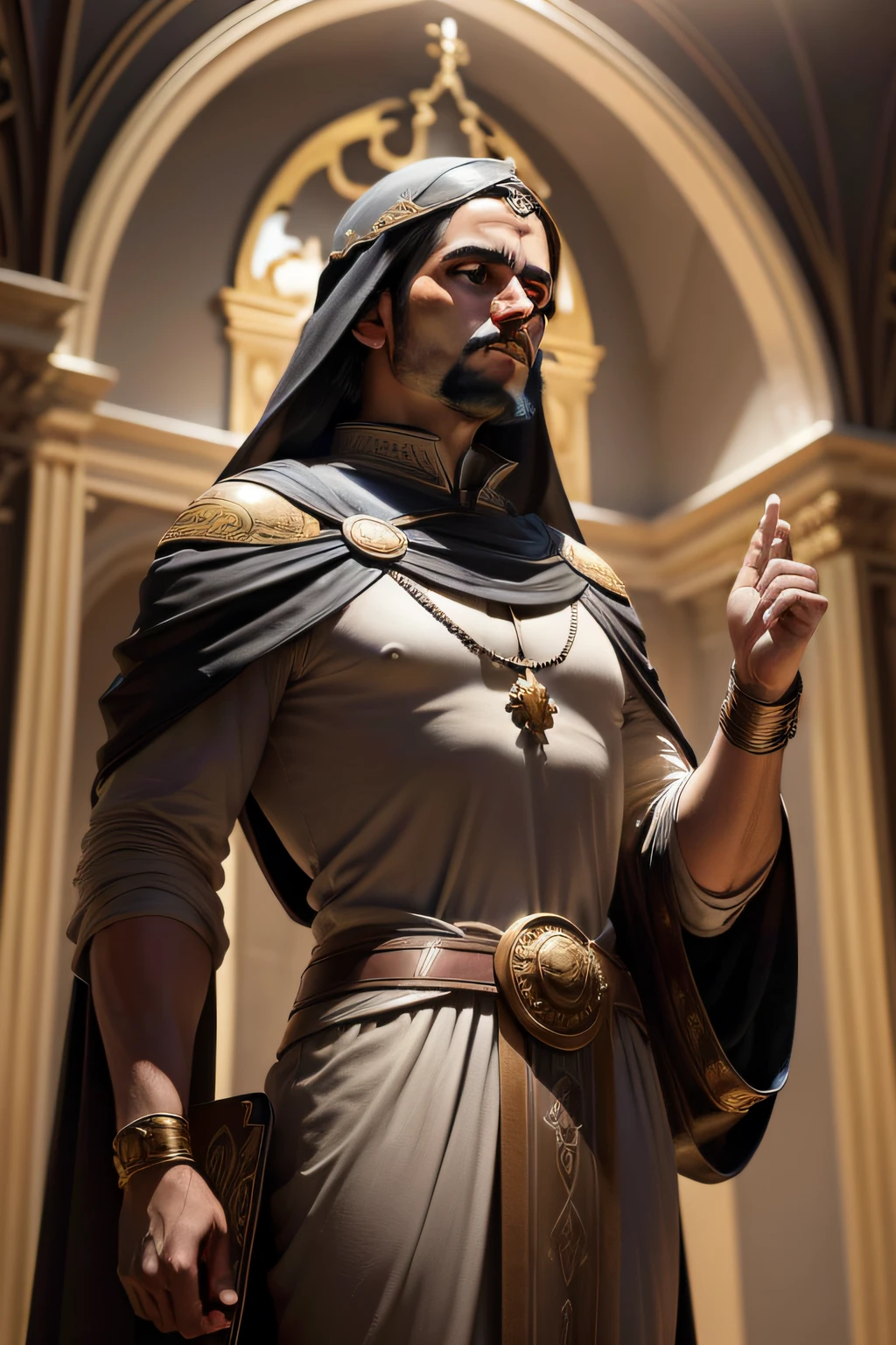 Realistic photo shaman with cape on ancient avatar of Egypt with stick