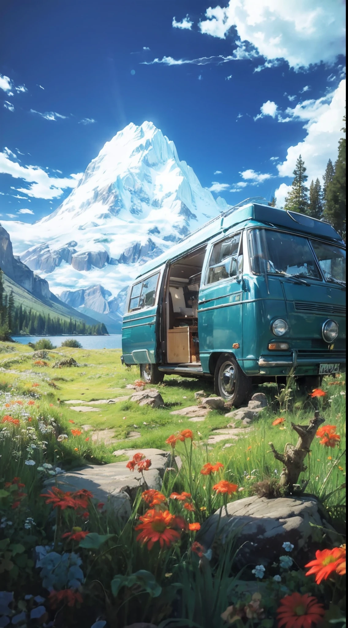 lanscape, 8k potrait of beautiful landscape with Campervan Car, rule of third photography, intricate, elegant, realistic depth of field photography, perfect natural lighting (masterpiece, sidelighting, finely detailed beautiful cave), realistic leav, realistic cloud, realistic lake, realistic sky, beautiful sky, strong ray of light, rule of third photography, point of interest photography, perfect lanscape color tone, realistic shoe, realistic moss, realistic grass, realistic stone, realistic climb, realistic tree, best lanscape color tone, realistic land, strong texture, add grain, render with redshift, realistic shadow
