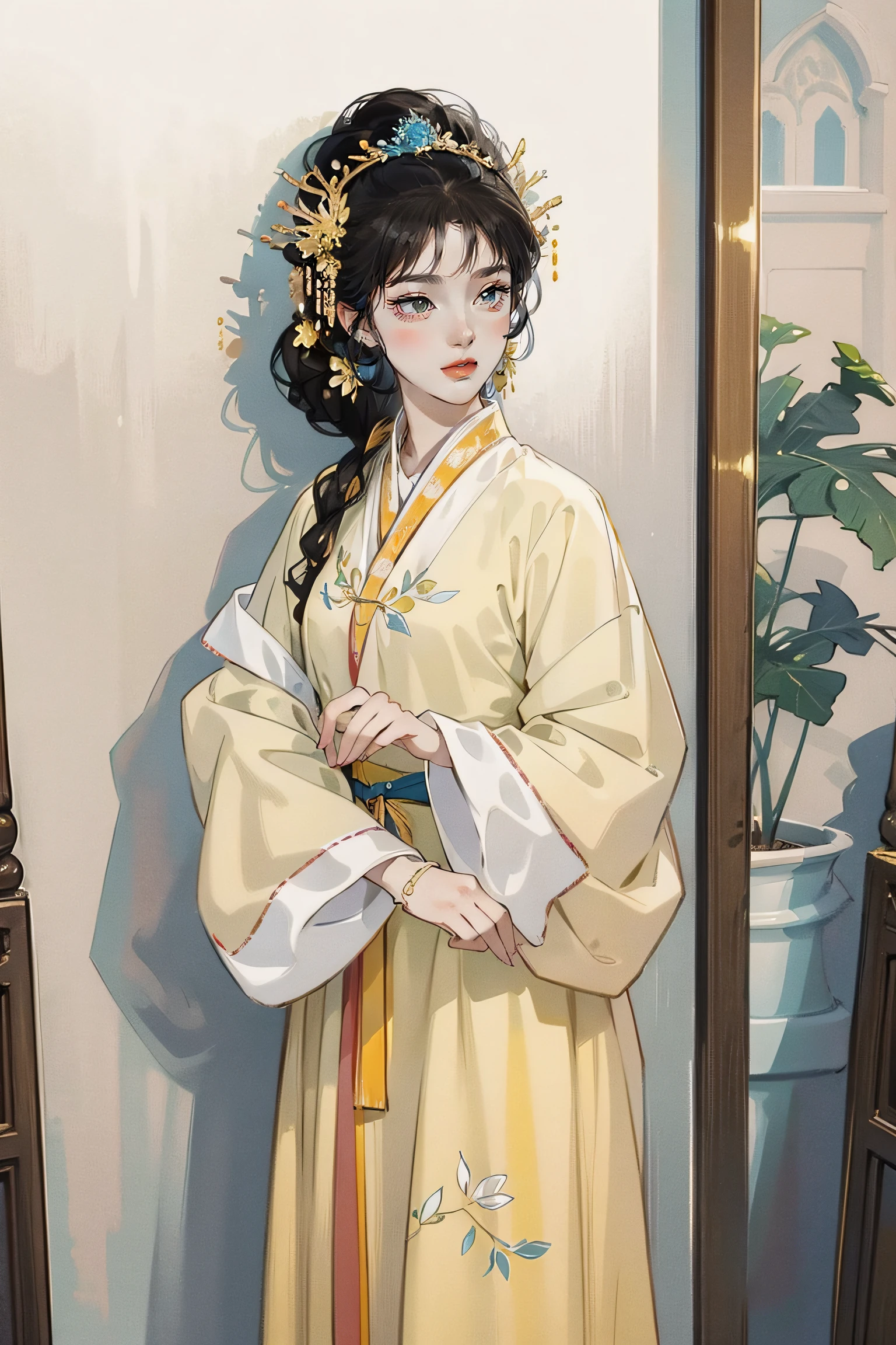 Antique beauty,Simple decoration,yellow clothing,frontage