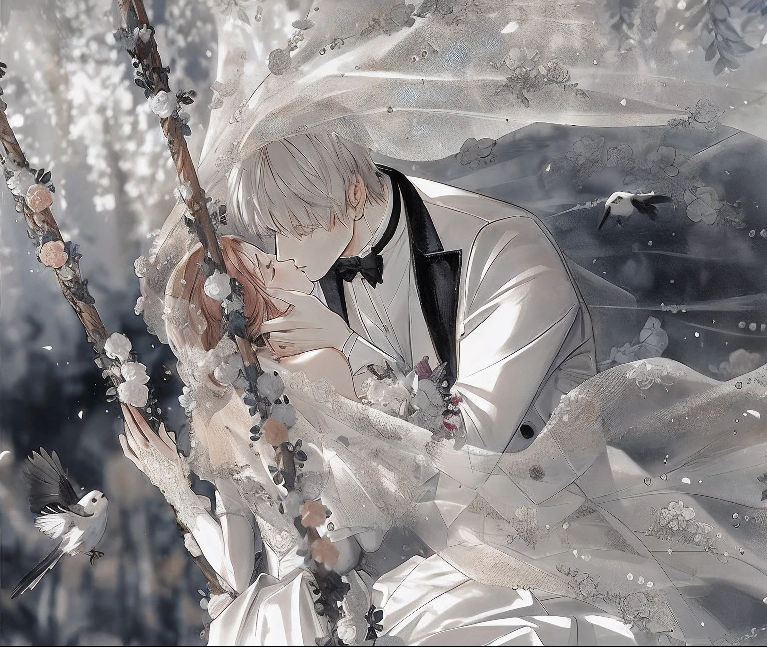 anime big breast, A man and a woman hug in a wedding dress, 8K)), romanticism art style, Guviz, very magical and dreamy, anime wallaper, Guviz-style artwork, official fanart, Anime Pictures, Beautiful anime, kissing together cutely, Guweiz in Pixiv ArtStation, [ 4 K digital art ]!!