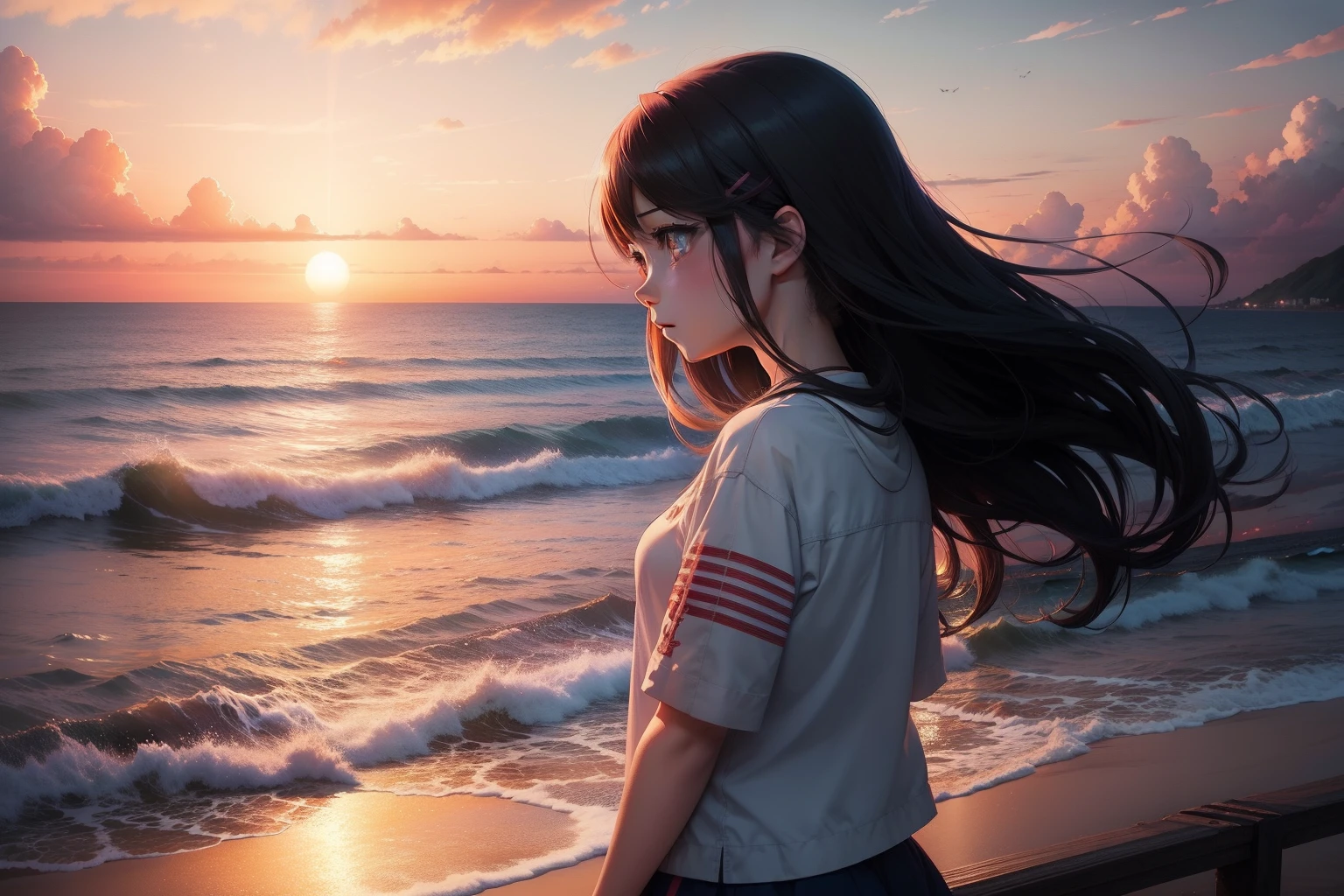 anime artwork a girl looking at the sea, sunset, dramatic, anime style, key visual, vibrant, studio anime, highly detailed