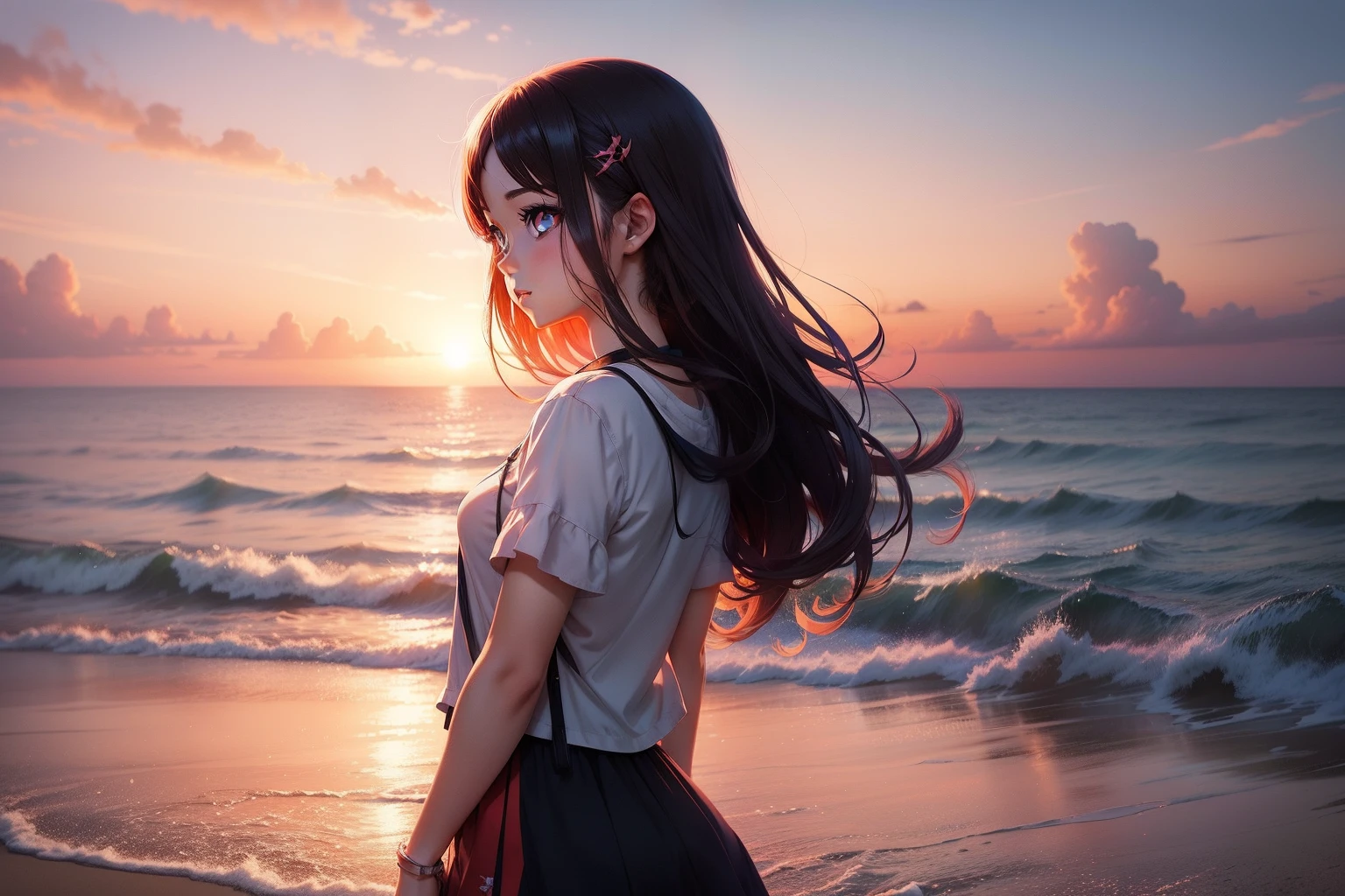anime artwork a girl looking at the sea, sunset, dramatic, anime style, key visual, vibrant, studio anime, highly detailed