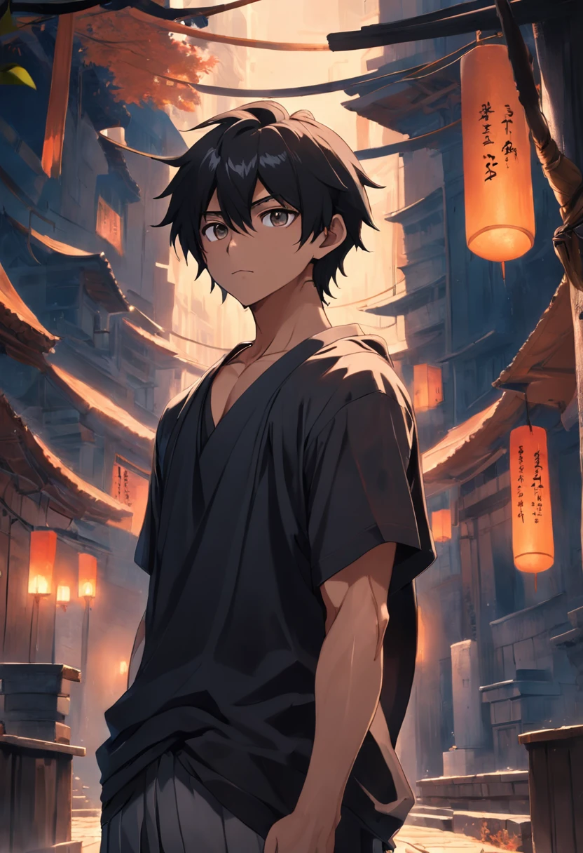 Ultra photo realsisim, 16 years old boy,Cinnamon brown skin, Athletic body, toned and straight hair,Serious male contemplative observer tienvite black shirt snugs snug to the body, The background is an ancient city in Egypt