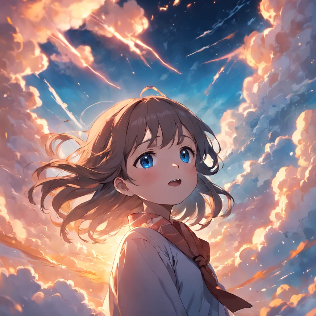 masterpiece, best quality, movie still, 1girl, cloud girl, floating in the sky, close-up, bright, happy, warm soft lighting, sunset, (sparks:0.7)