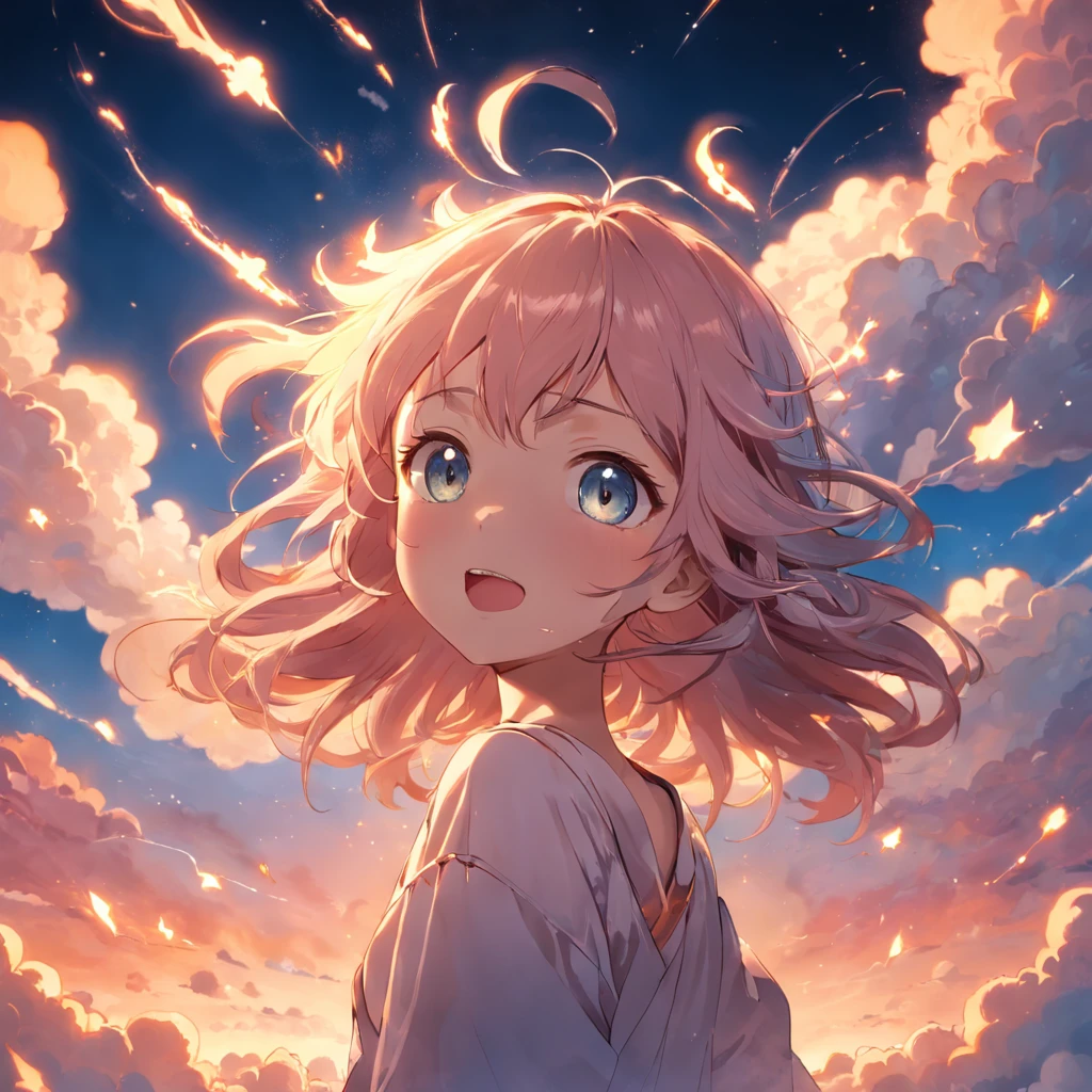 masterpiece, best quality, movie still, 1girl, cloud girl, floating in the sky, close-up, bright, happy, warm soft lighting, sunset, (sparks:0.7)
