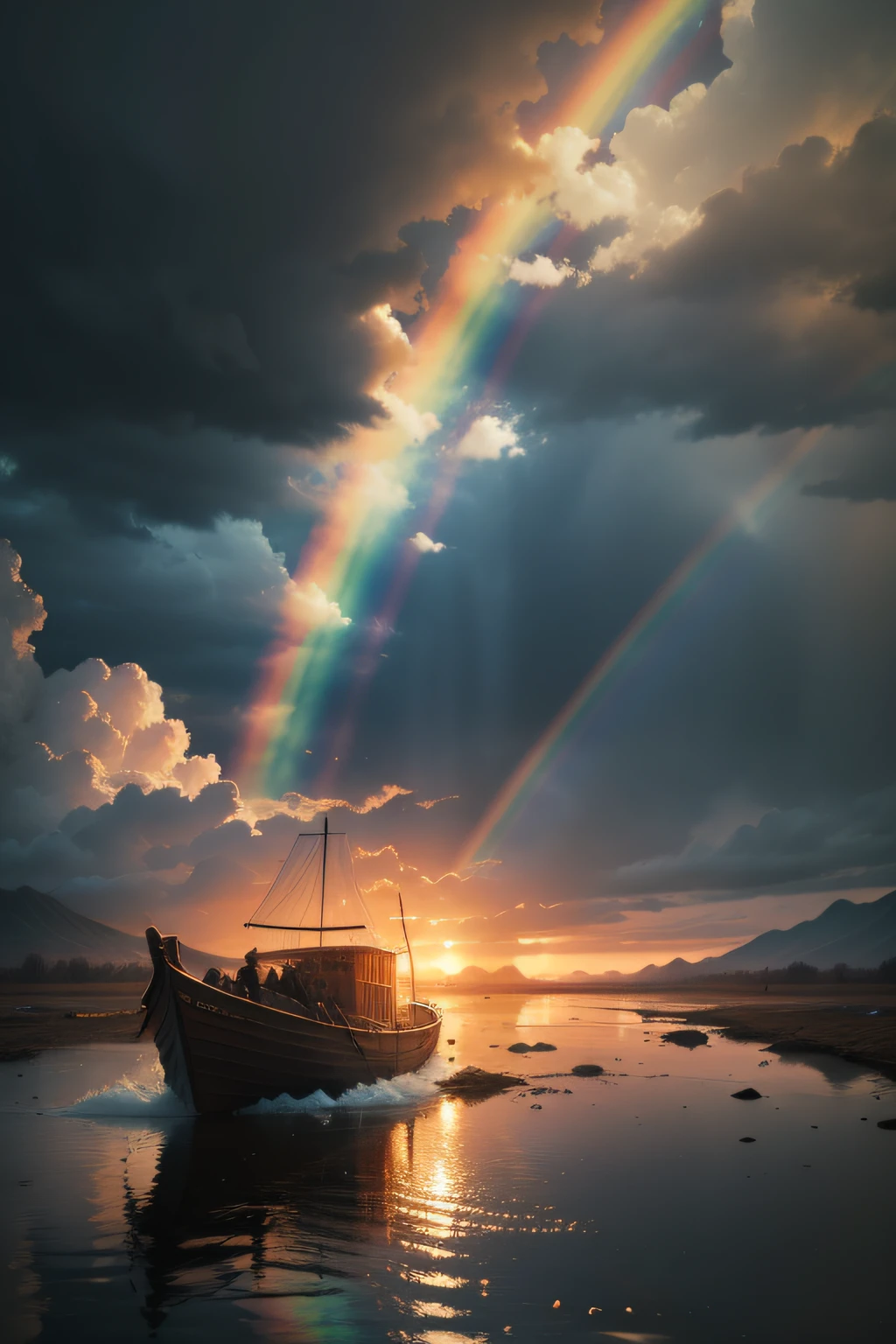 Post-Flood Beginning: Imagine a scene of post-flood desolation, with receding waters and Noah along with his family emerging from the ark. There may be a rainbow in the sky, symbolizing God's covenant with mankind.