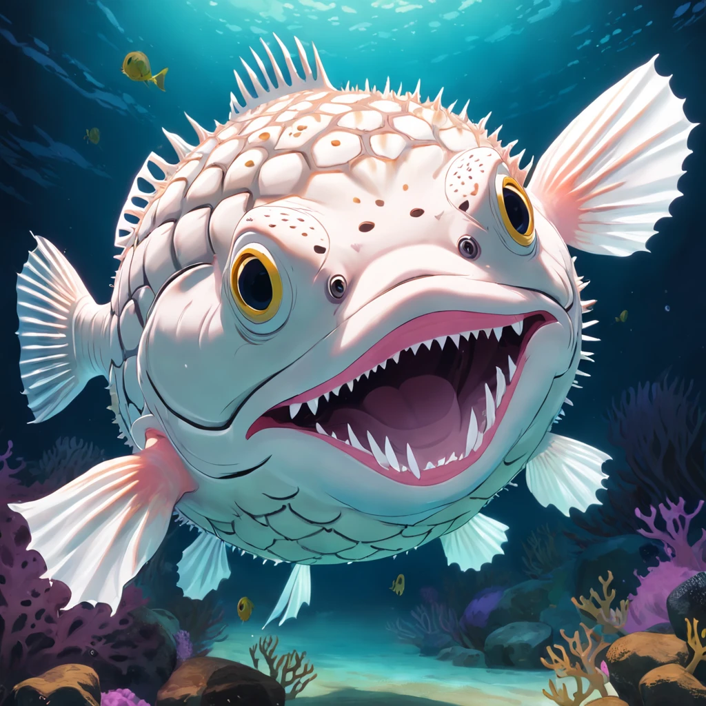 Giant puffer fish with ghostly white scales,sewage,variation, Fierce fangs, and a long pink tongue, Masterpiece, Best quality,8K
