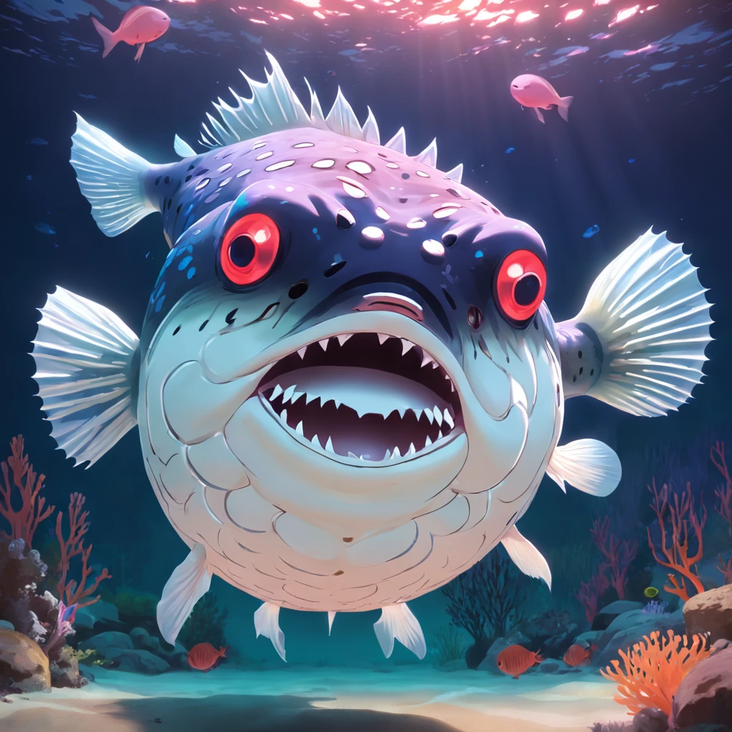 Giant puffer fish with ghostly white scales,sewage,variation, Fierce fangs, and a long pink tongue, Masterpiece, Best quality,8K