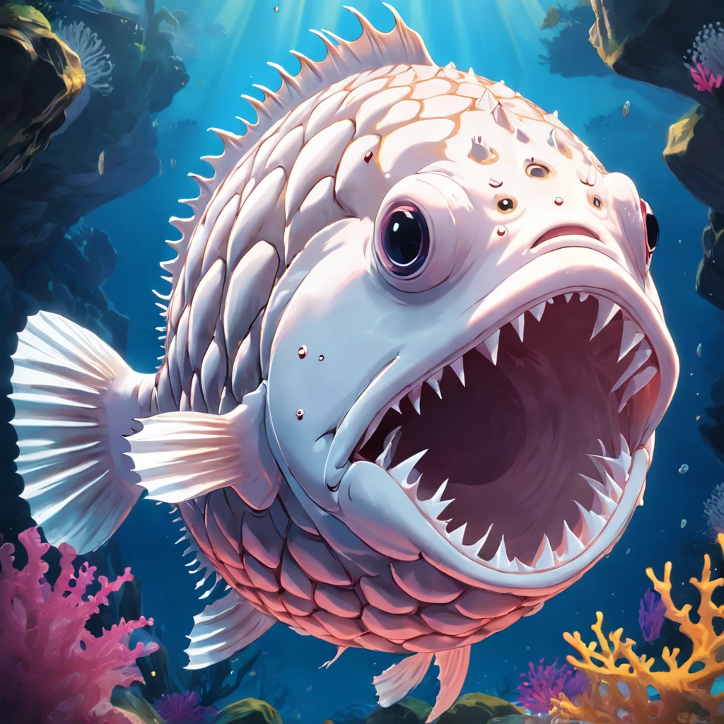Giant puffer fish with ghostly white scales,sewage，variation， Fierce fangs, and a long pink tongue, Masterpiece, Best quality，8K