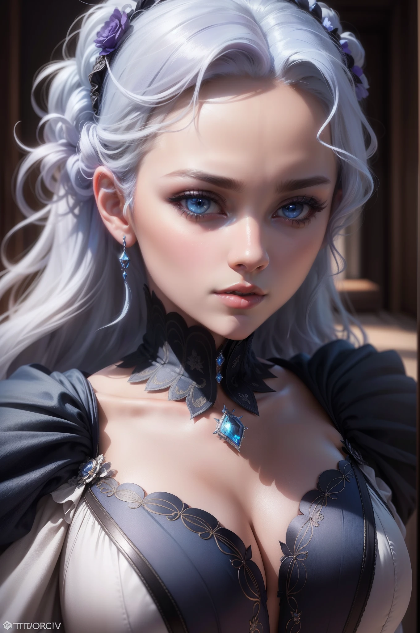 photo of (CyberDutch_V2:0.99), a Woman as a sexy TikTok influencer, modelshoot style, (extremely detailed CG unity 8k wallpaper), photo of the most beautiful artwork in the world, professional majestic (photography by Steve McCurry), 8k uhd, dslr, soft lighting, high quality, film grain, Fujifilm XT3 sharp focus, f 5.6, High Detail, Sharp focus, dramatic, Wearing a blue regency dress, (looking at viewer:1.2), (detailed pupils:1.3), (natural light), (closeup:1.2), (seductive) , Curly white hair, Purple Eyes, photo realism, Instagram Model, Real Woman, Elegant, Beautiful, Realism, Photo