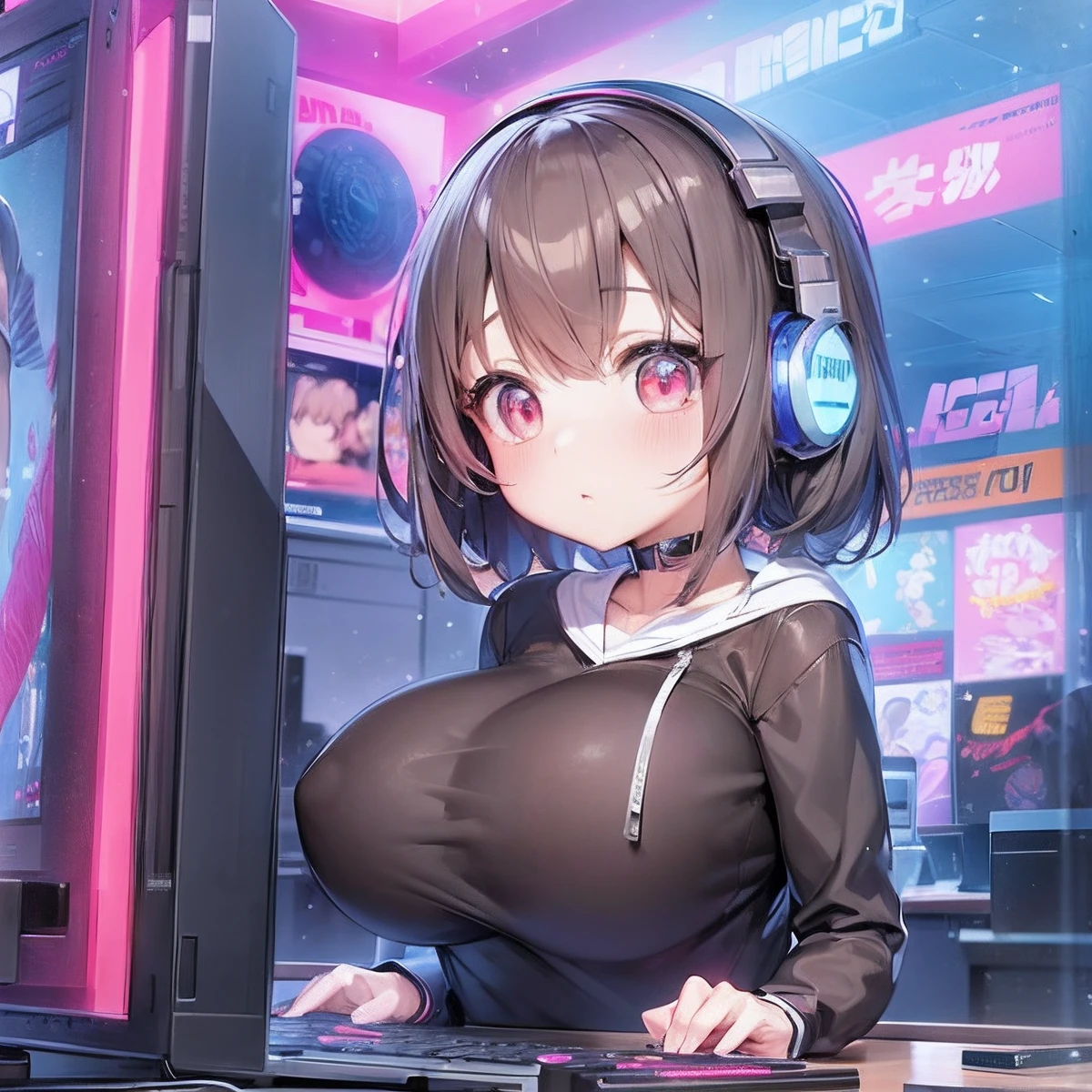 Anime girl sitting at computer desk with headphones on, anime moe art style, Best Anime 4k Konachan Wallpapers, an oppai cyberpunk, Anime Style 4k, cyber school girl, splash art anime loli, digital anime illustration, digital anime art, Anime! 4K, Anime! 4 k, Detailed Digital Anime Art, Smooth Anime CG Art