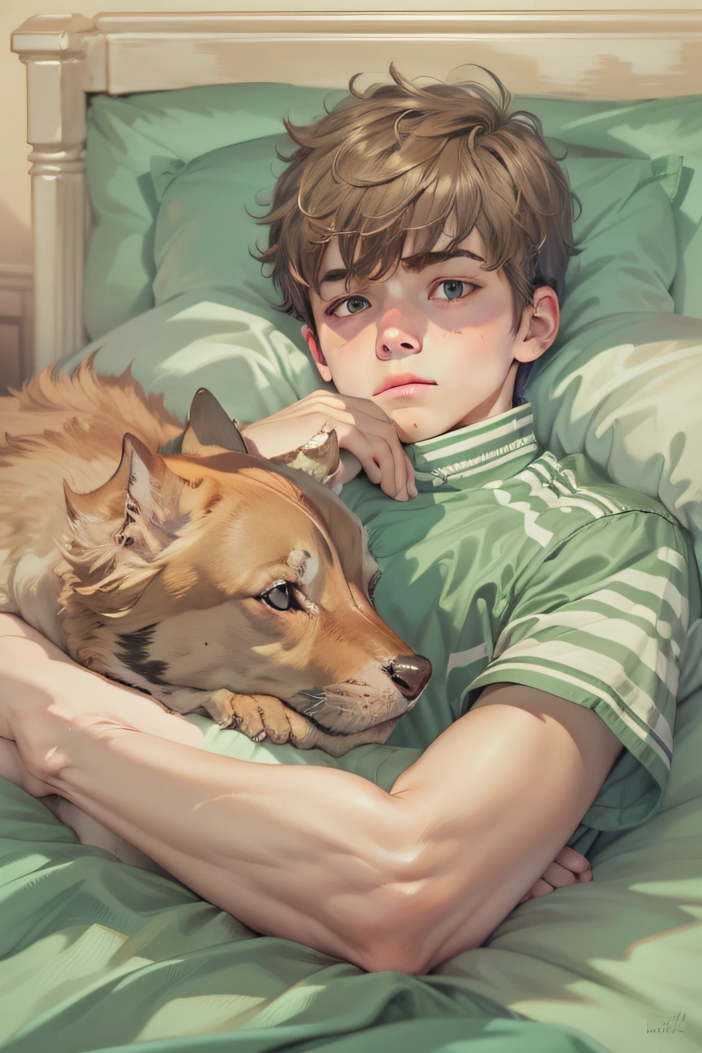 The boy lay in bed and pondered