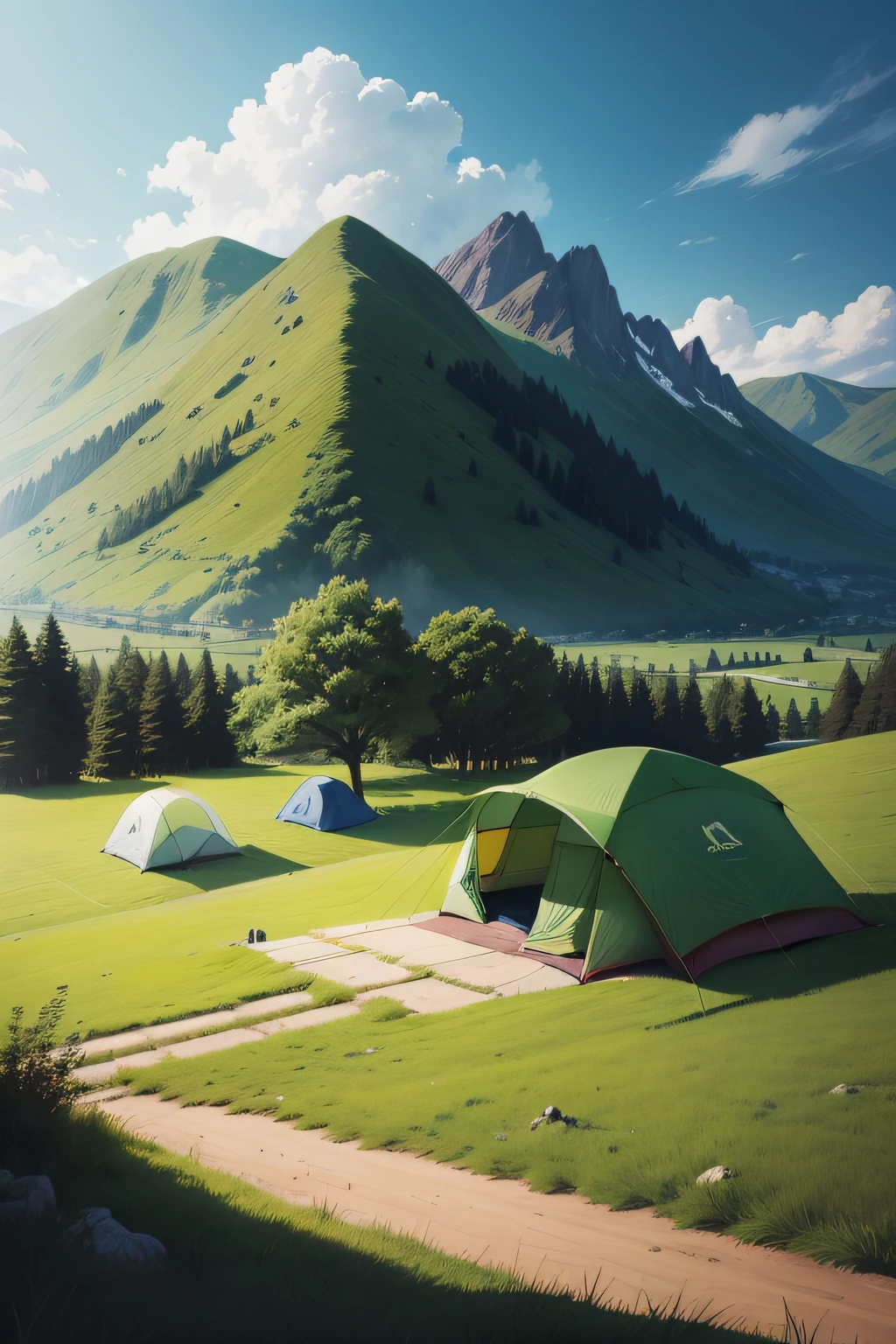 on a field,Tent hillside in the background,green color;camping;cart;Vertical composition;brightly;in a panoramic view;hiyao miyazaki;illustration