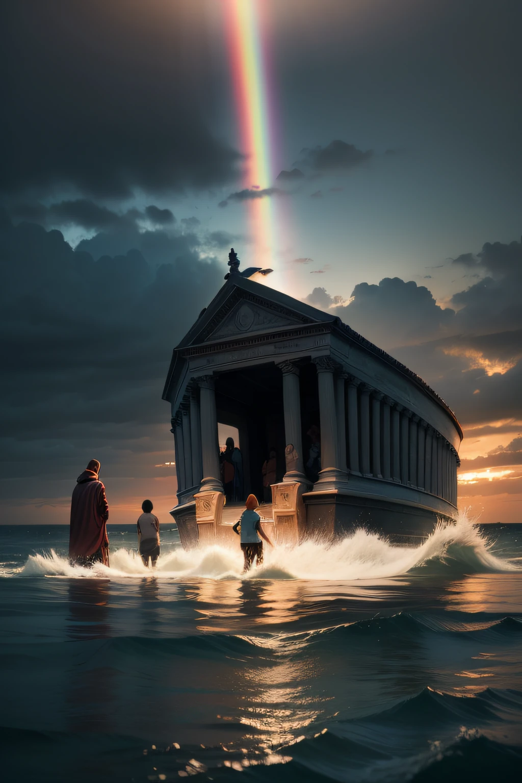 Post-Flood Beginning: Imagine a scene of post-flood desolation, DEAD PEOPLE FLOATING IN THE SEA with receding waters and Noah along with his family emerging from the ark. There may be a rainbow in the sky, symbolizing God's covenant with mankind.