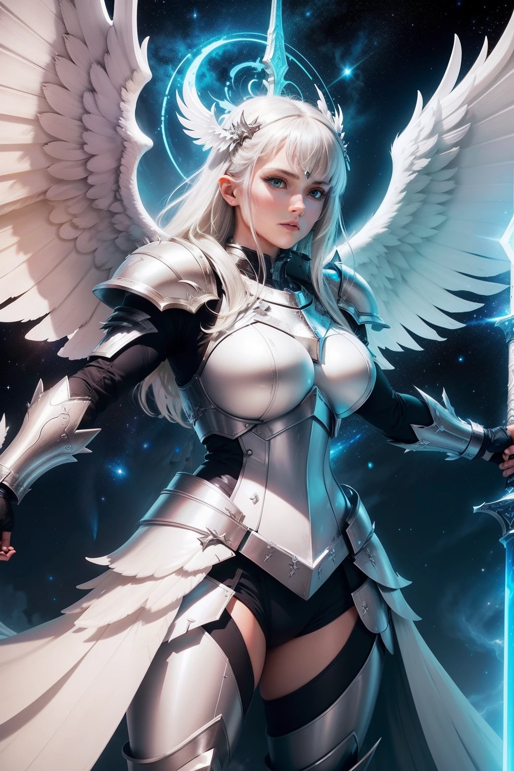 "An awe-inspiring light warrior with majestic white wings, a massive spiky halo, and gleaming white armor, wielding a colossal claymore sword, standing proudly with a humongous white galaxy in the background."