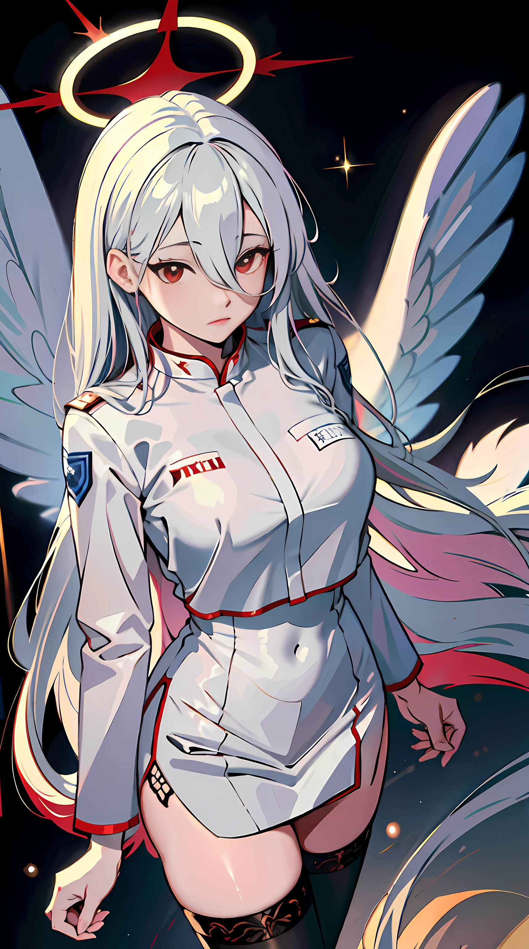 absurd res, high res, (masterpiece:1.4), ultra-detailed, 1girl, from above, space, floating, Chinese dress, white dress, stockings, white hair, red eyes, wings, hair between eyes