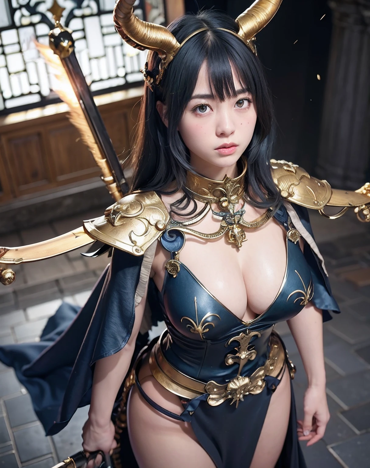 Professional , masterpiece、top-quality、photos realistic , depth of fields 、(Gemstone Blue Metal Body:1.2),(Matte Blue Black、(Standing in the church)、gold patterns、Wind-effect、Light Effects、Wind-effect、magic circles、(cleavage of the breast)、Dragon Gold Weapon(Dragon Metal Body:1.4),Gorgeous gold weapons ,(Particles of light)、(Strange expressions)、Mystical expression、-yeld beiful girl、(( Dragon's dense and gorgeous sword)) , Ultimate Beauty 、((Blue hair))、(Castle background)、Fight dragons、((Gangle's forest background))、Beautiful Caucasian beauty、(1a person)、dynamic ungle,(((Details of the two demon horns on the head)))、Smaller head、A smile、Castle background、Thin and beautiful female hands、cleavage of the breast、Soldier in iron armor on background、Mystical expression、Light Effects、Wind-effect、magic circles、With the legendary magic wand、(demonic wings)、(Blue hair)、(1 persons)、Battle Look、Anatomically correct body、Toostock、Toostock、knee、