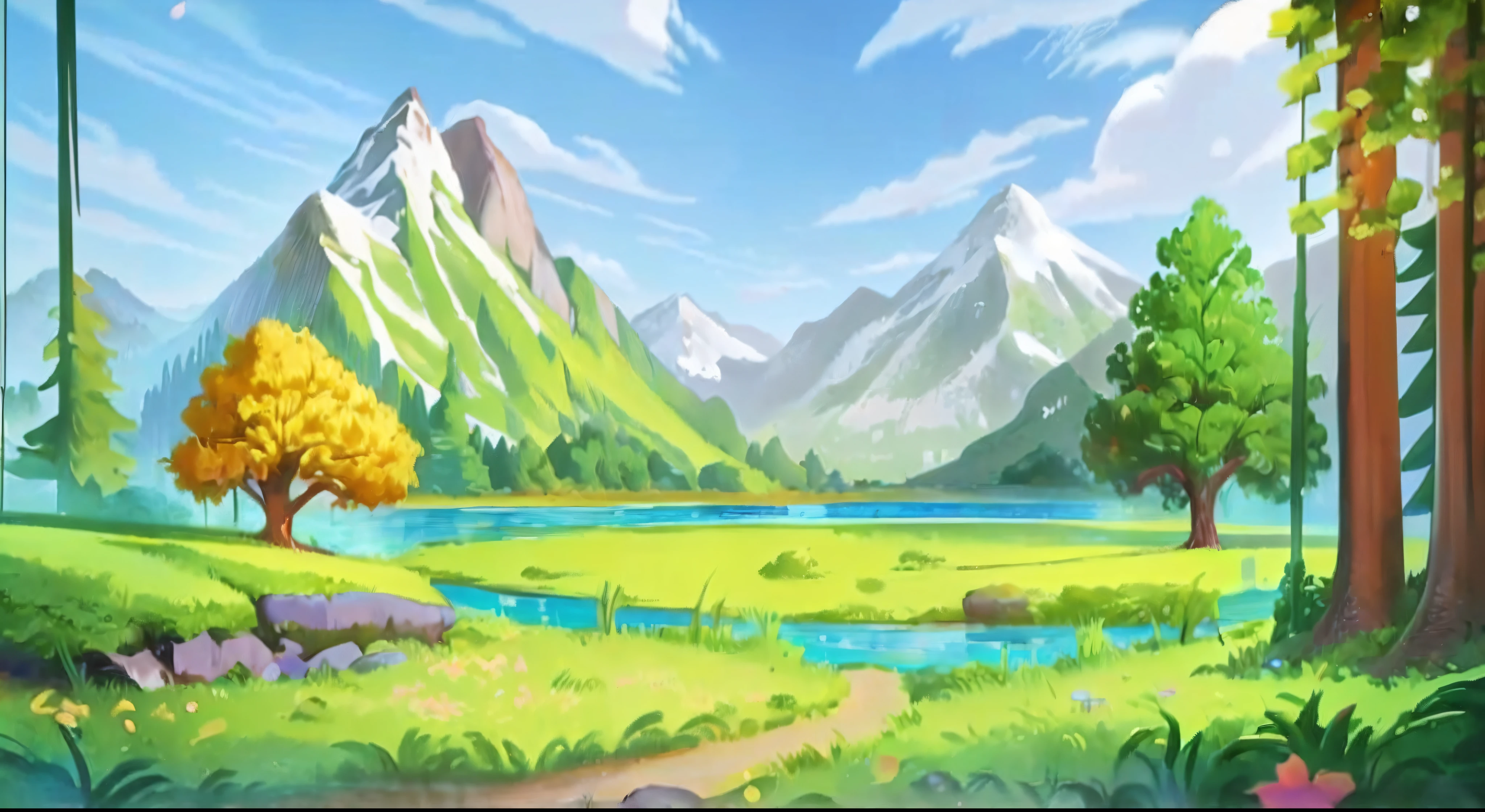 A painting of a green valley with rivers and mountains, background environment. 8 k'', 2 D game art background, beatiful mountain background, mountainous terrain, Anime background art, arte de fundo, anime backgrounds, mountain range in background, anime countryside landscape, Mountain background, mountainous background, Anime landscape, Landscape background, background mountains, mountains background, Nature views