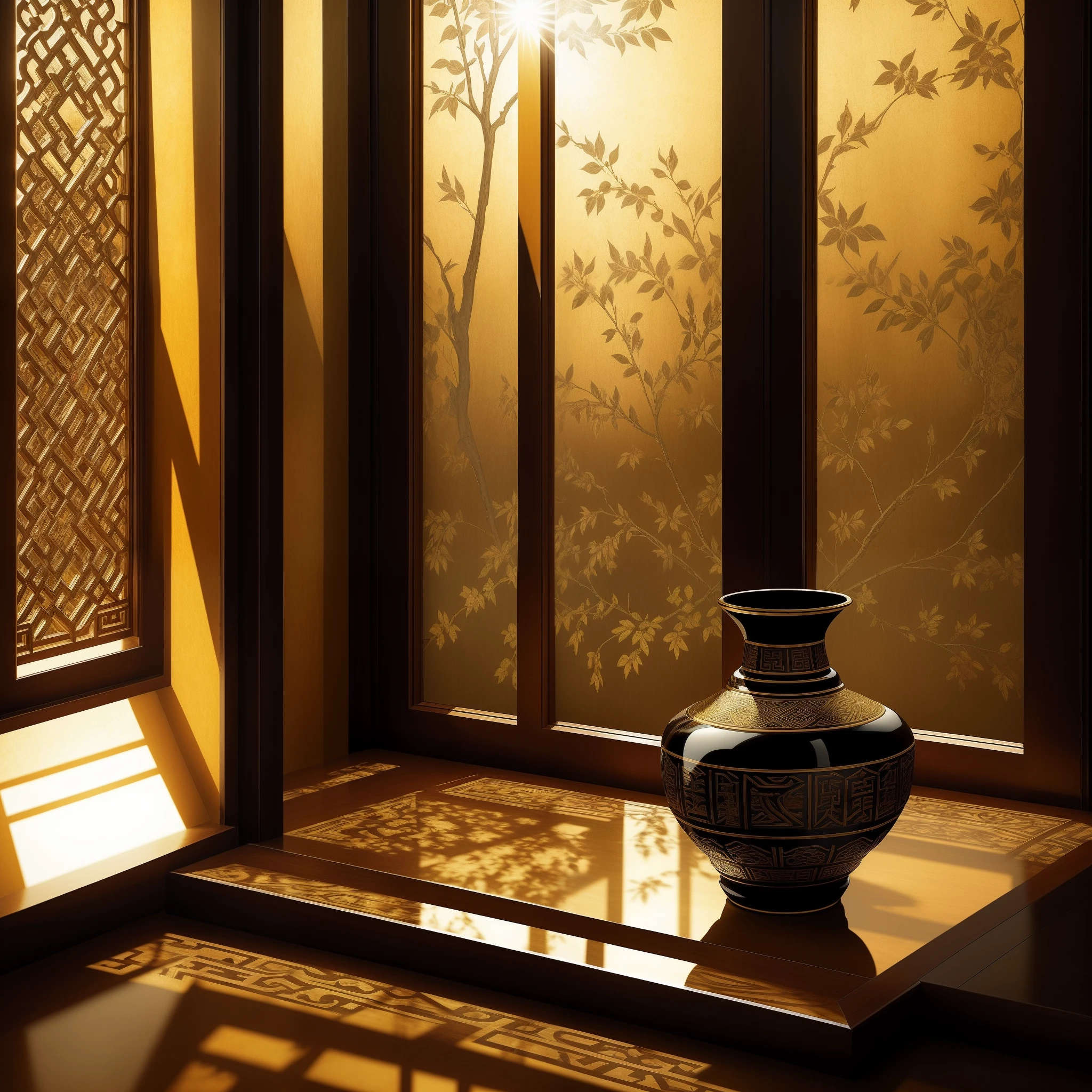 Lens flare, angle of view, Chiaroscuro, Cinematic lighting, art-deco, hyper HD, Super detail, Masterpiece, High details, High quality, One high resolution,Close-up,A black ceramic vase with gold patterns,It is placed in an old Chinese room,Sunlight shines on the porcelain from the windows,(No Man:1.7)