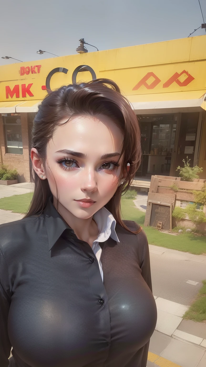 ((Best quality, 8k, Masterpiece :1.3)), Sharp focus :1.2, A pretty woman with perfect figure :1.4, Slender abs :1.2, ((Dark brown hair, Big breasts :1.2)), (White button up long shirt :1.1), City street:1.2, Highly detailed face and skin texture, Detailed eyes, Double eyelid