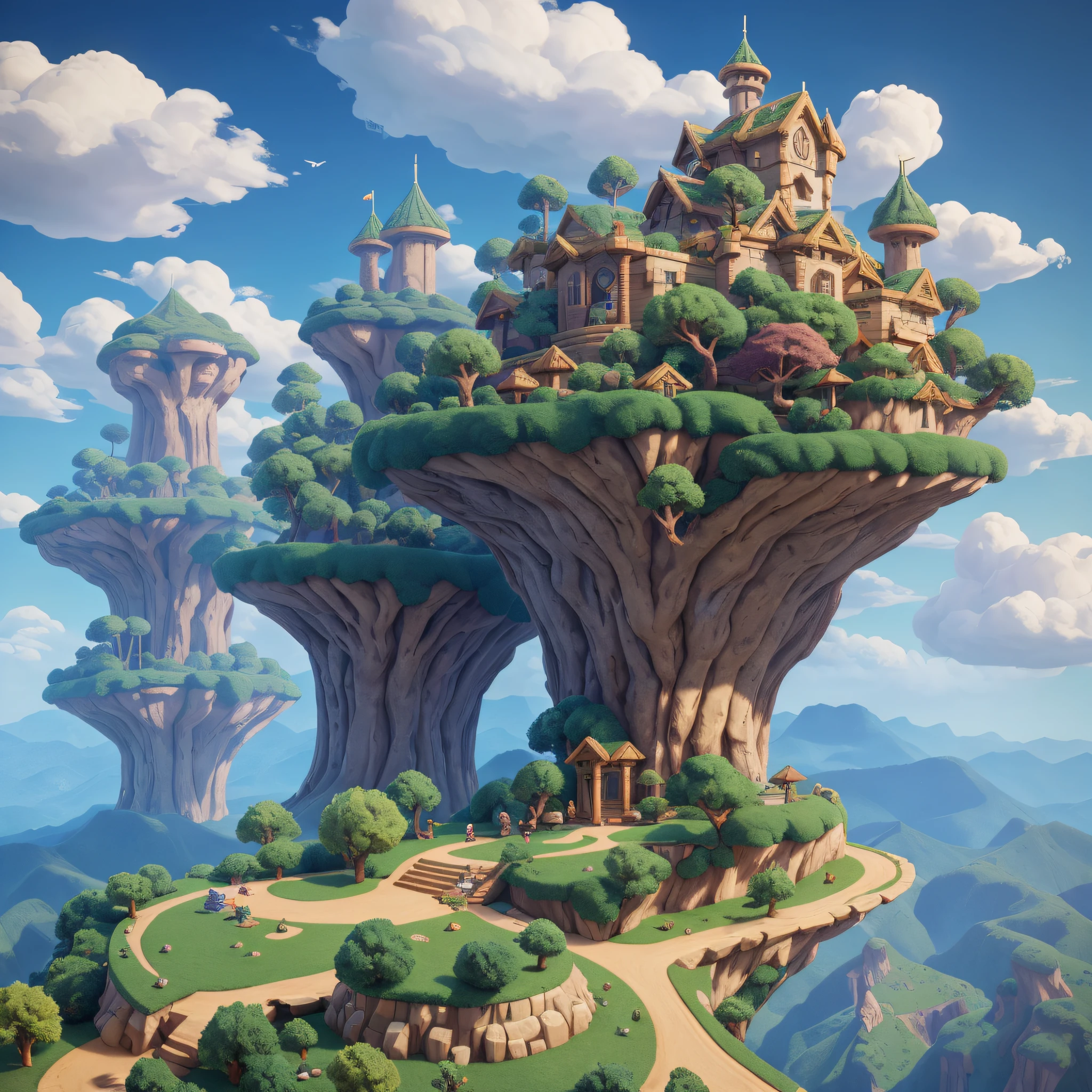 Pixel game，Design of game locations，Pixel Game Location，Pixel Forest，Rare clouds，16-bit pixel art, 3D render, Octane Render, axonometry, Good Dragon