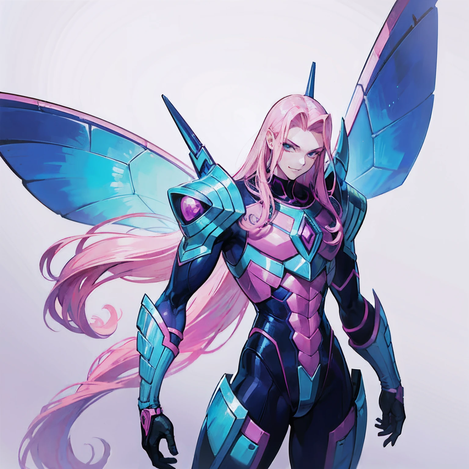 Hot, beautiful insect butterfly man, Guyver style, evil smile, scaraber reploid, bellows tail, cel shade adult animation, alien king , Long pink hair