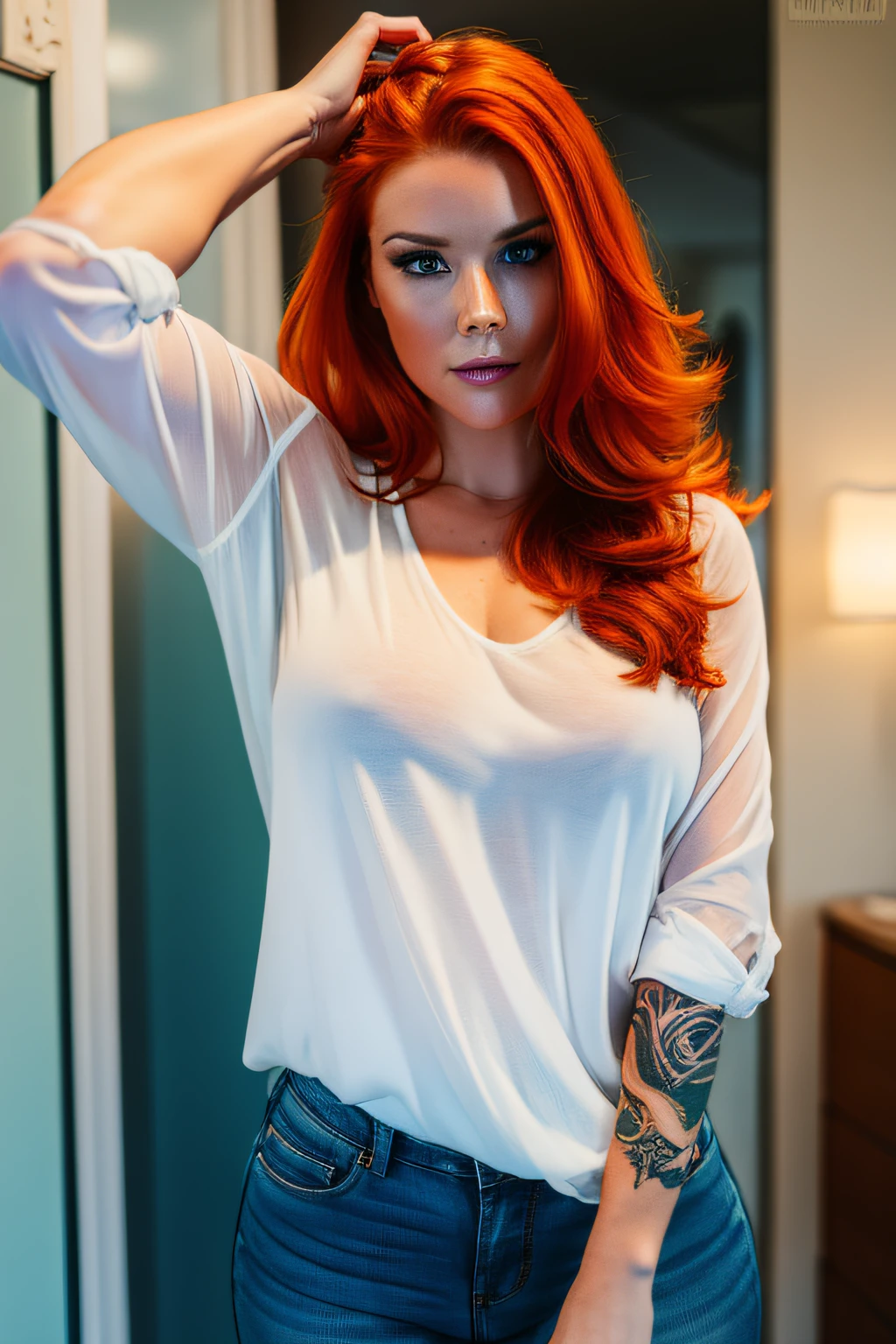 beautiful 25 year old australian woman, ginger hair, she wears a casual white shirt and pulls it down, huge beautiful breasts, huge tits, huge boobs, she wears super tight jeans, her arms are covered in tattoos full off colours, she stands seductively and looks at camera, she is fit, strong and has slim waist