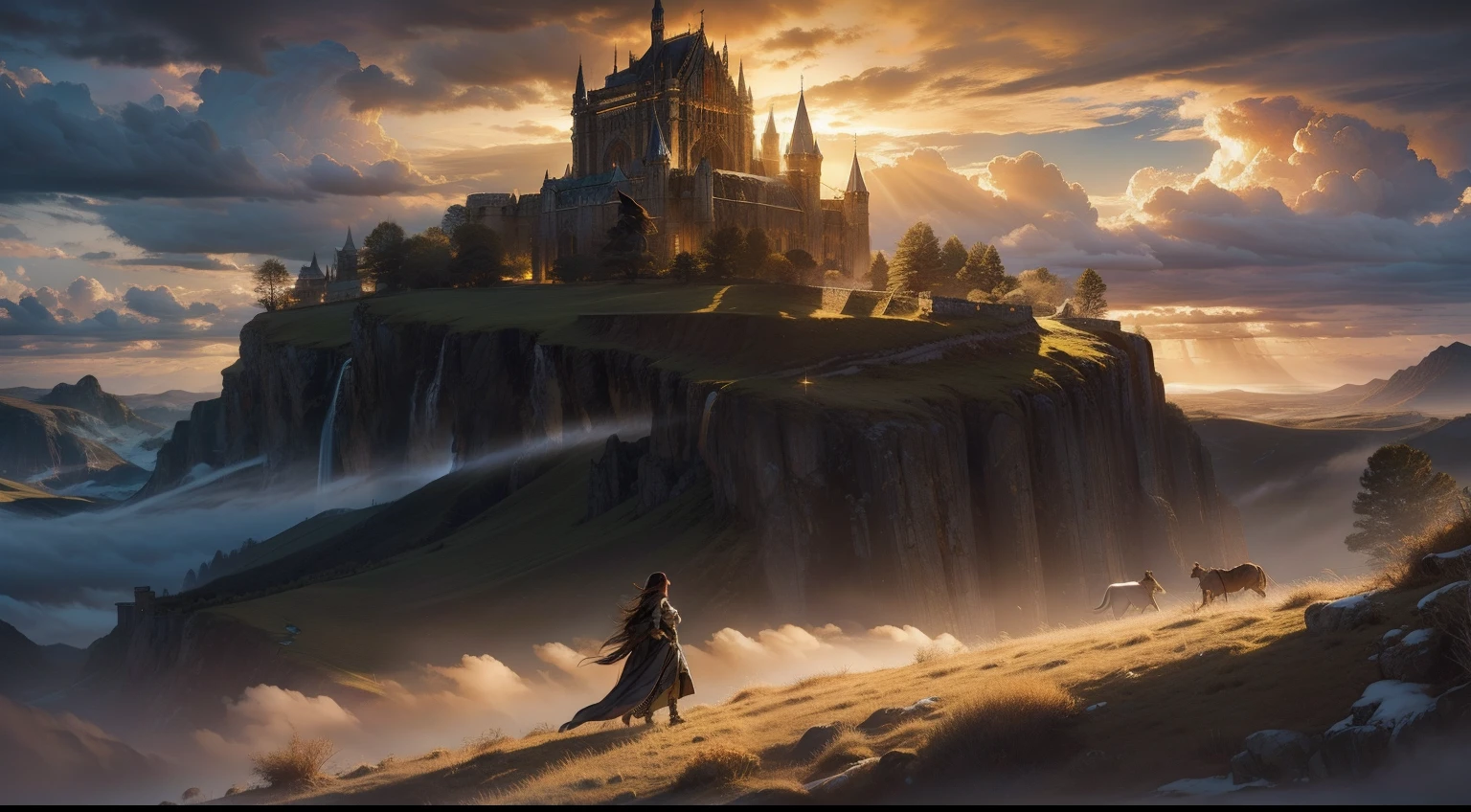 A stunning photograph of a curvy woman walking through a vast, untamed landscape towards the horizon, the golden sunbeams breaking through heavy clouds, revealing a majestic medieval castle that seems to have emerged from the pages of a fantasy novel