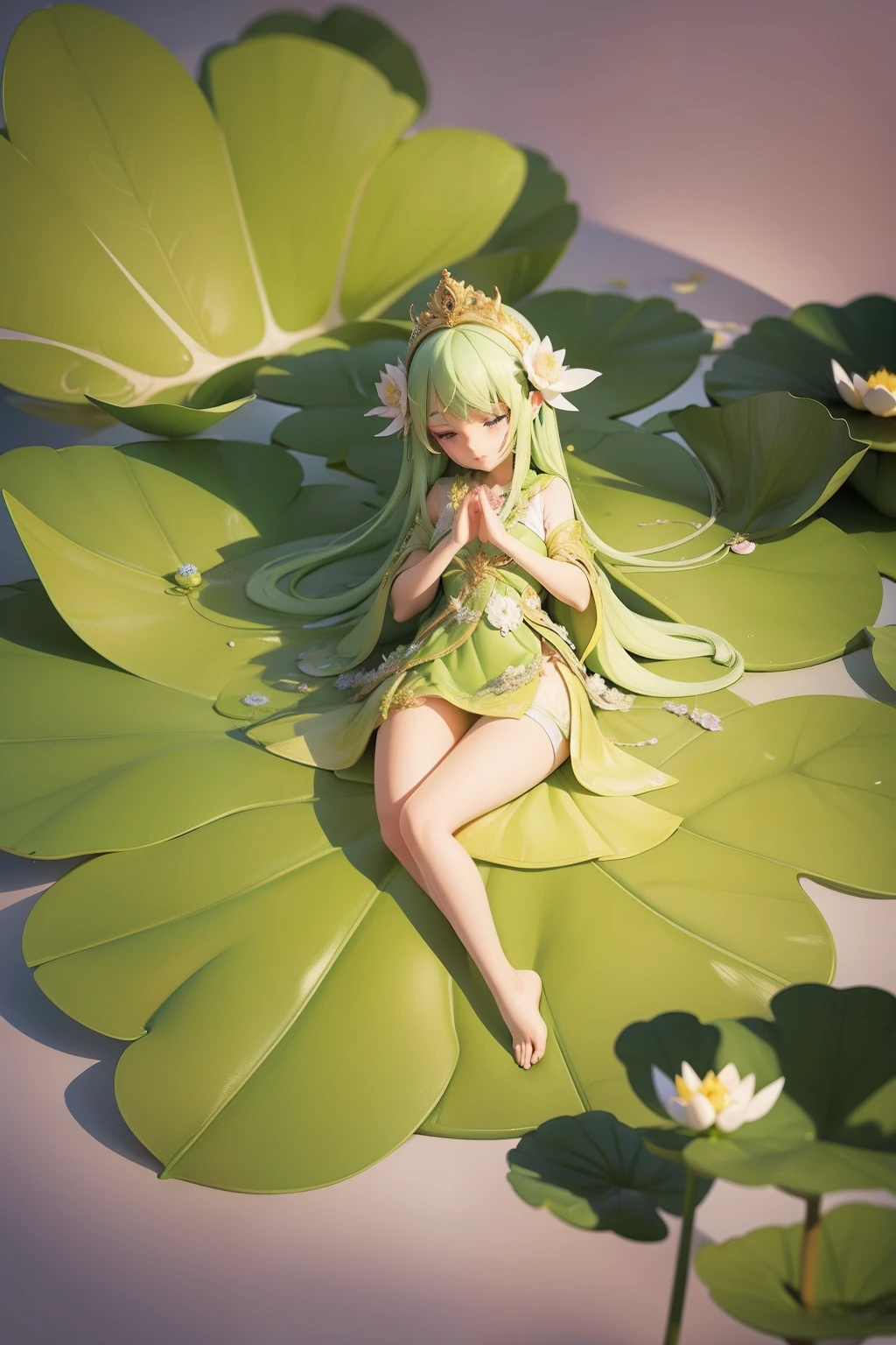 The cartoon character Lotus Fairy sits on a lotus leaf and prays with her hands folded in detail 1:2 head-to-body ratio