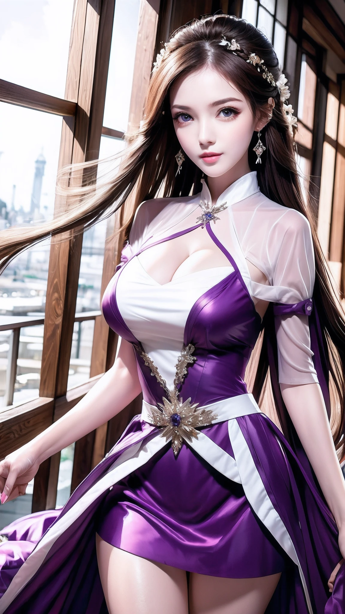 masterpiece, best quality,1girl,brown hair, long hair, beautiful eyes, beautiful purple dress, purple dress, attractive pose, whole boday capture,