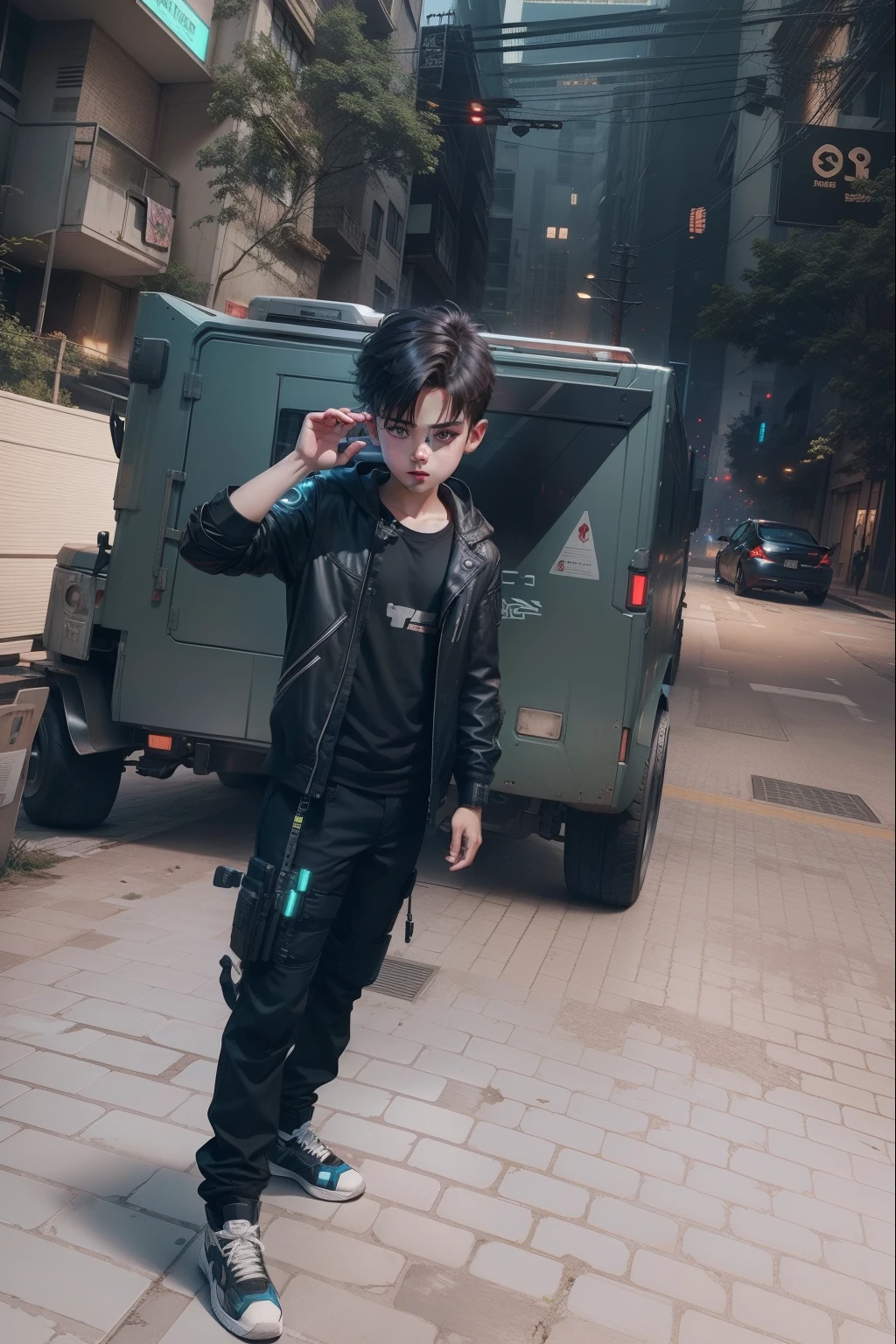 Change background cyberpunk handsome boy, realistic face, 8k, ultra realistic, cute little boy, 
Real face,
