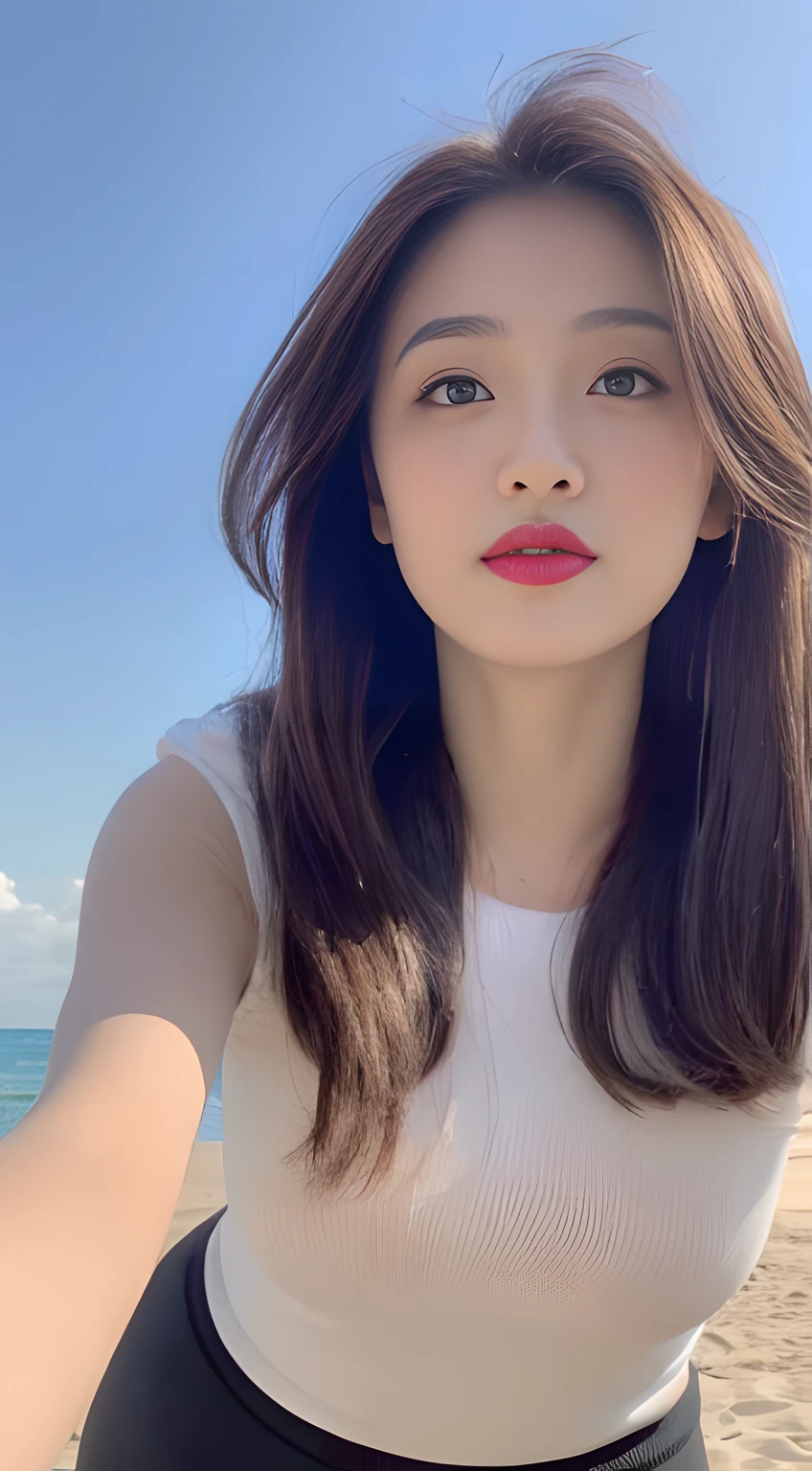 ((Best Quality, 8K, Masterpiece:1.3)), A beautiful girl, pure, melon face, gentle and cute, slightly chubby, partial head, ((long solid color top, yoga pants)), black fluffy long hair, round black big eyes, clear big eyes, moist red lips, sweet, standing, blue sky and white clouds, sunshine, beach background,