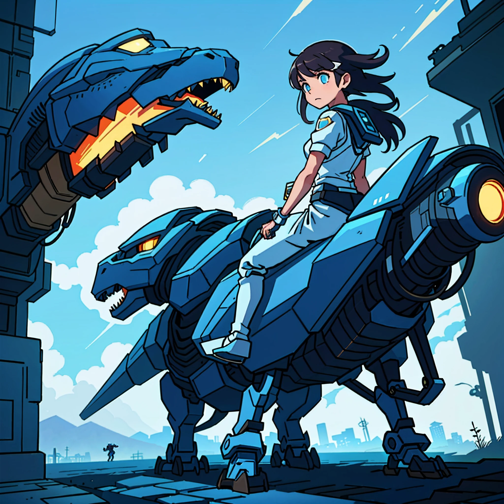（best qualtiy：0.8），（best qualtiy：0.8），Perfect anime illustration，A beautiful woman rides a mechanical dinosaur，Cyberpunk style，