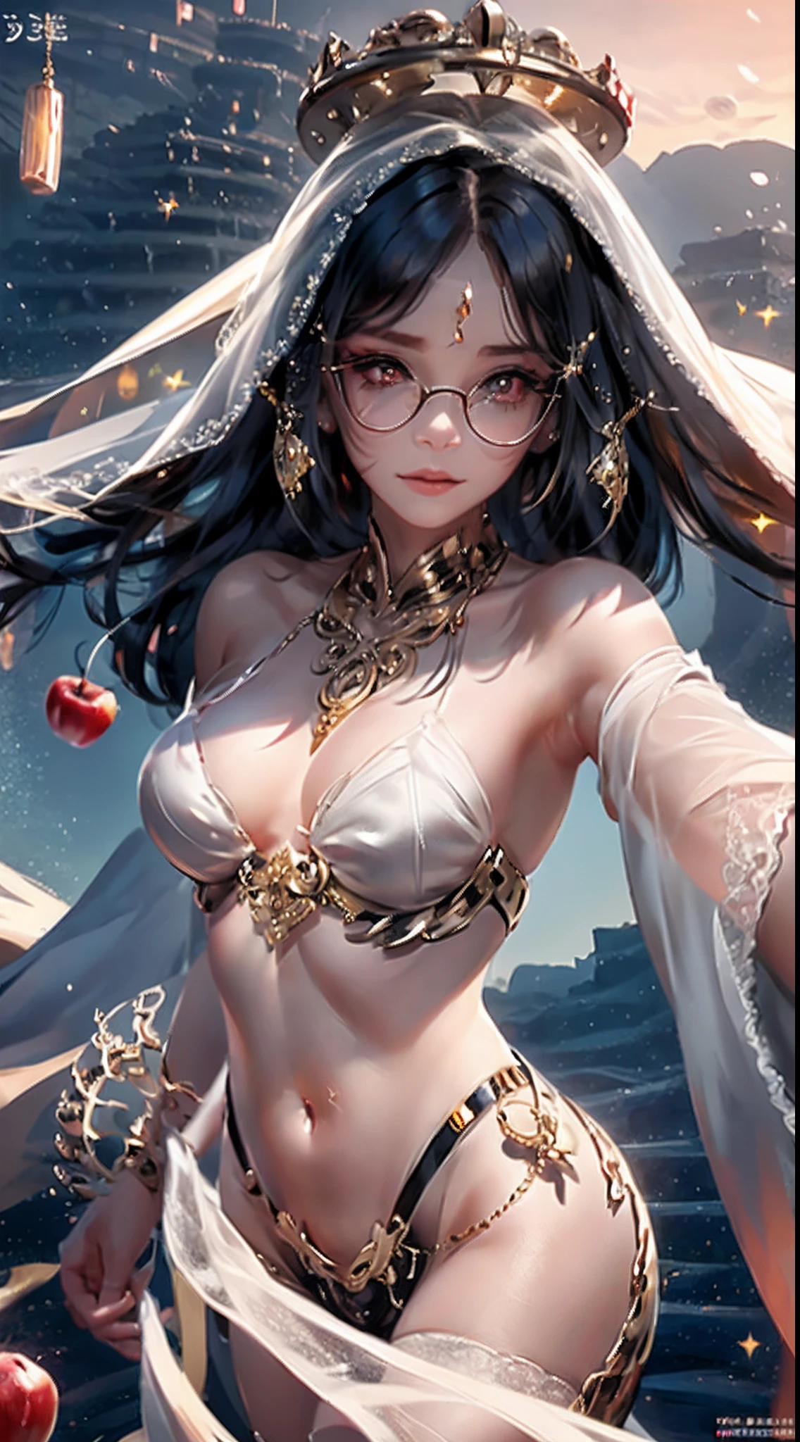 (Blonde 1。3 Lots of hair1。3 Delicate hair 1。2),(Big red eyes+gold-wire glasses:1.2+Intellectual beauty:1.1),"Crystal face lines sparkle on the forehead",femele,delicate depiction of skin,The gold-tone metal dragon headdress pattern is clear,Red apple in hand。
