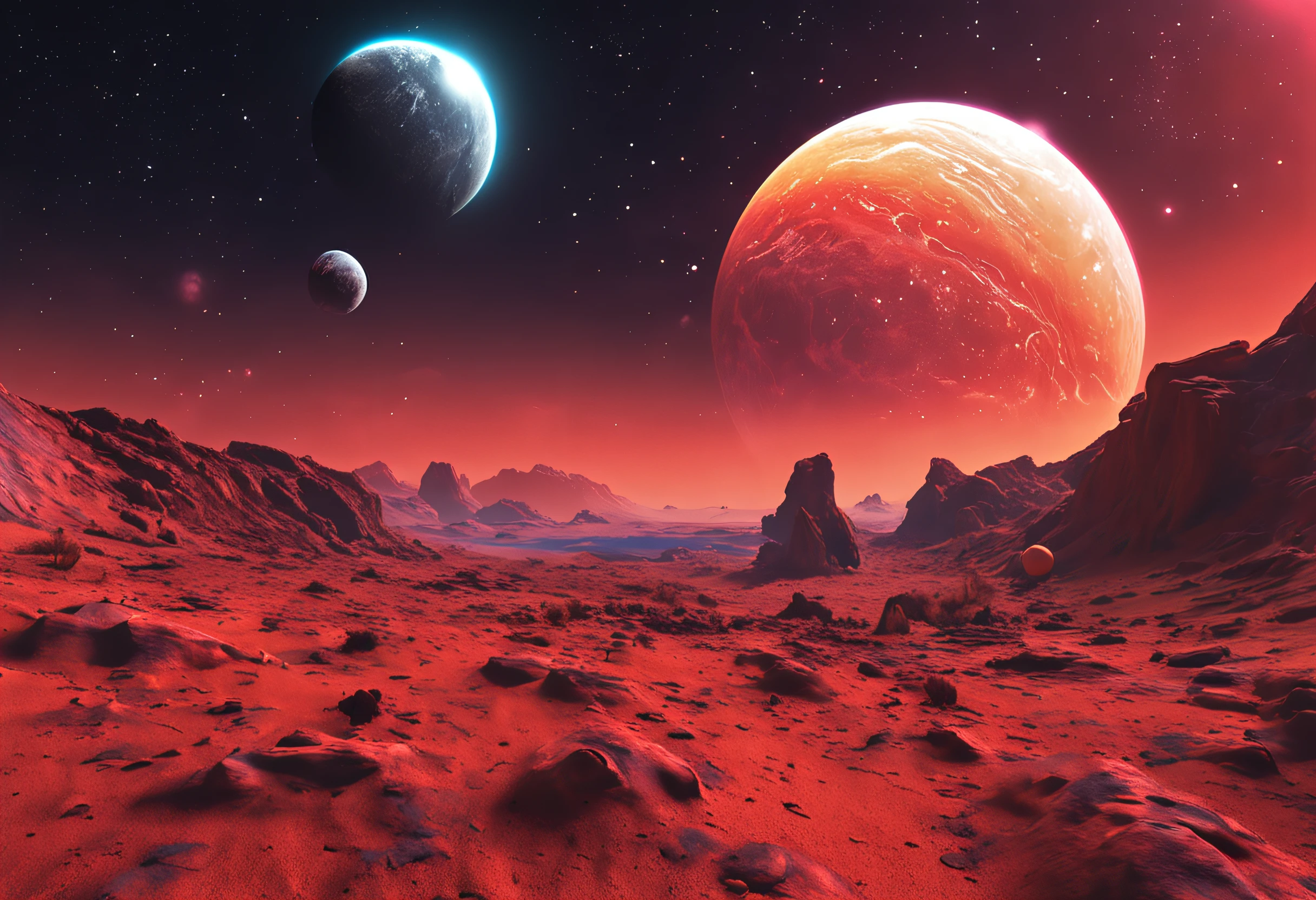 a space art Galactic Landscape, Costa, sky with big red planet , arte conceitual, vetor, alta qualidade, Viewing great detail, Motor irreal, octane rendering, Ultra alta qualidade, ultra high-resolution, surreal, Cor Correta, Good Lighting Settings, good composition, bordas afiadas, harmonious composition, ultra precise, master part, Trabalho premiado, plantas definidas, perfect composition, planeta circular bem definido, carro futurista em frente a paisagem