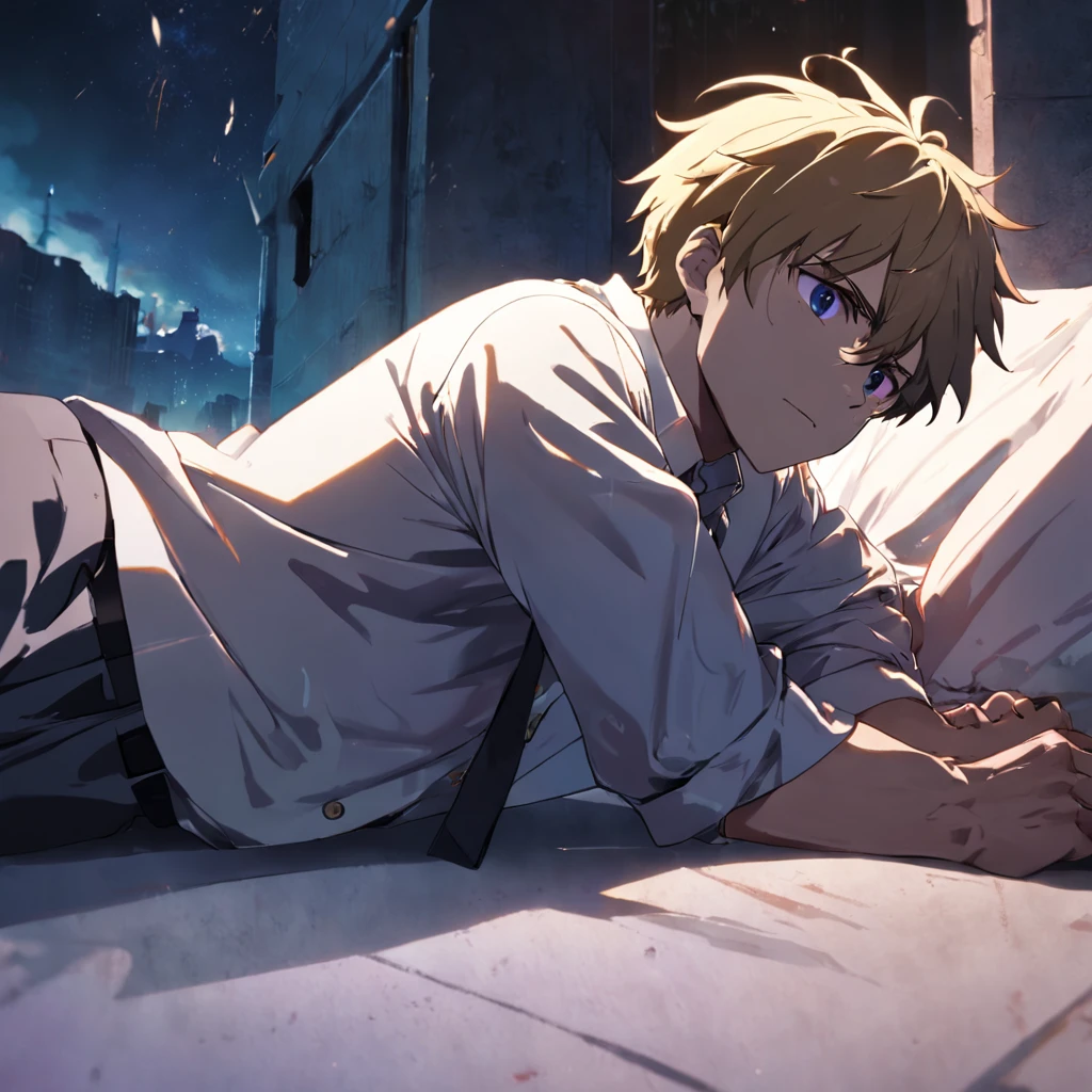 There was a man lying down with glasses and a shirt, 45 years old men