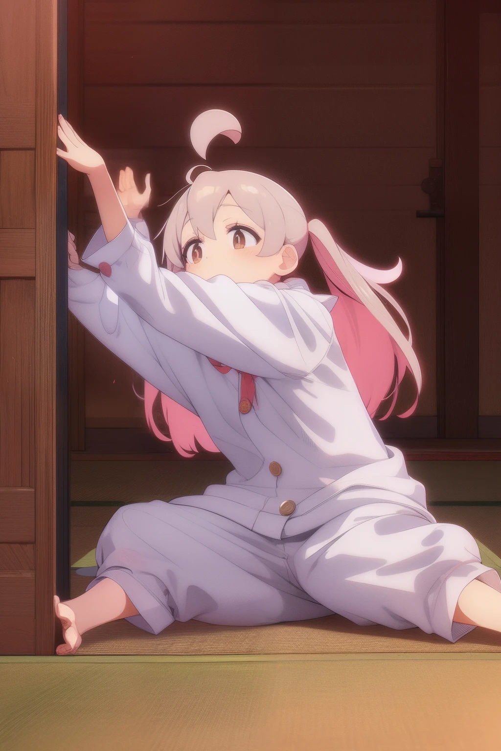 "white pajama+Heifer pattern pajamas:1.2，In the background of a traditional Japanese wooden room，A cartoon cute character who stretches out a lot，Messy hair，Tilt your body，Side shooting，full body drawing。"