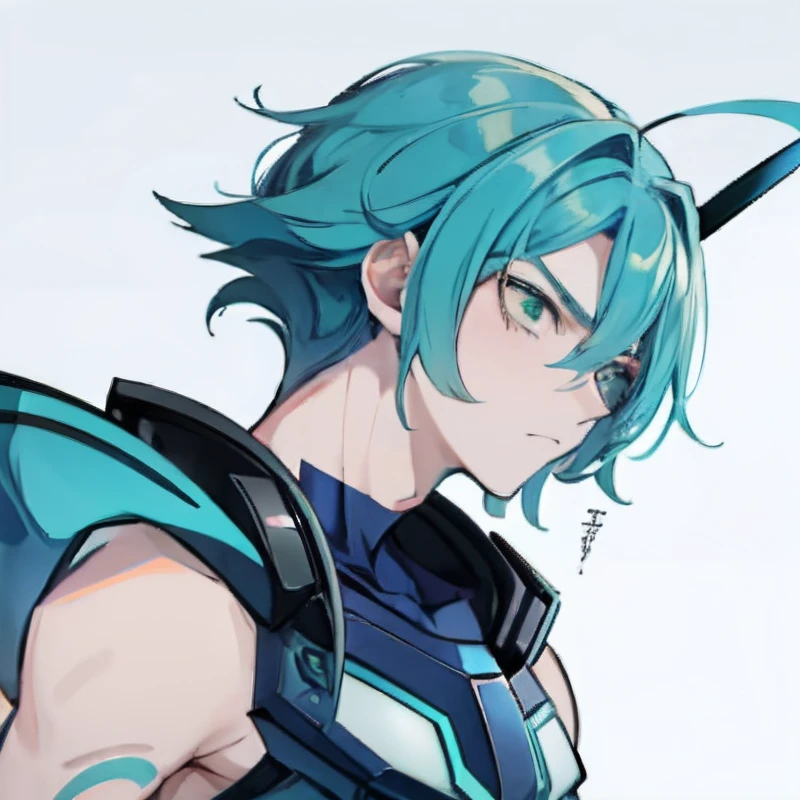 a man with blue hair and green eyes looks at the camera, Boy with long teal hair, full body shot, anime style shading, Hot, beautiful insect dragonfly man, Guyver style, Scowl,reploid, bellows tail, cel shade adult animation, alien king