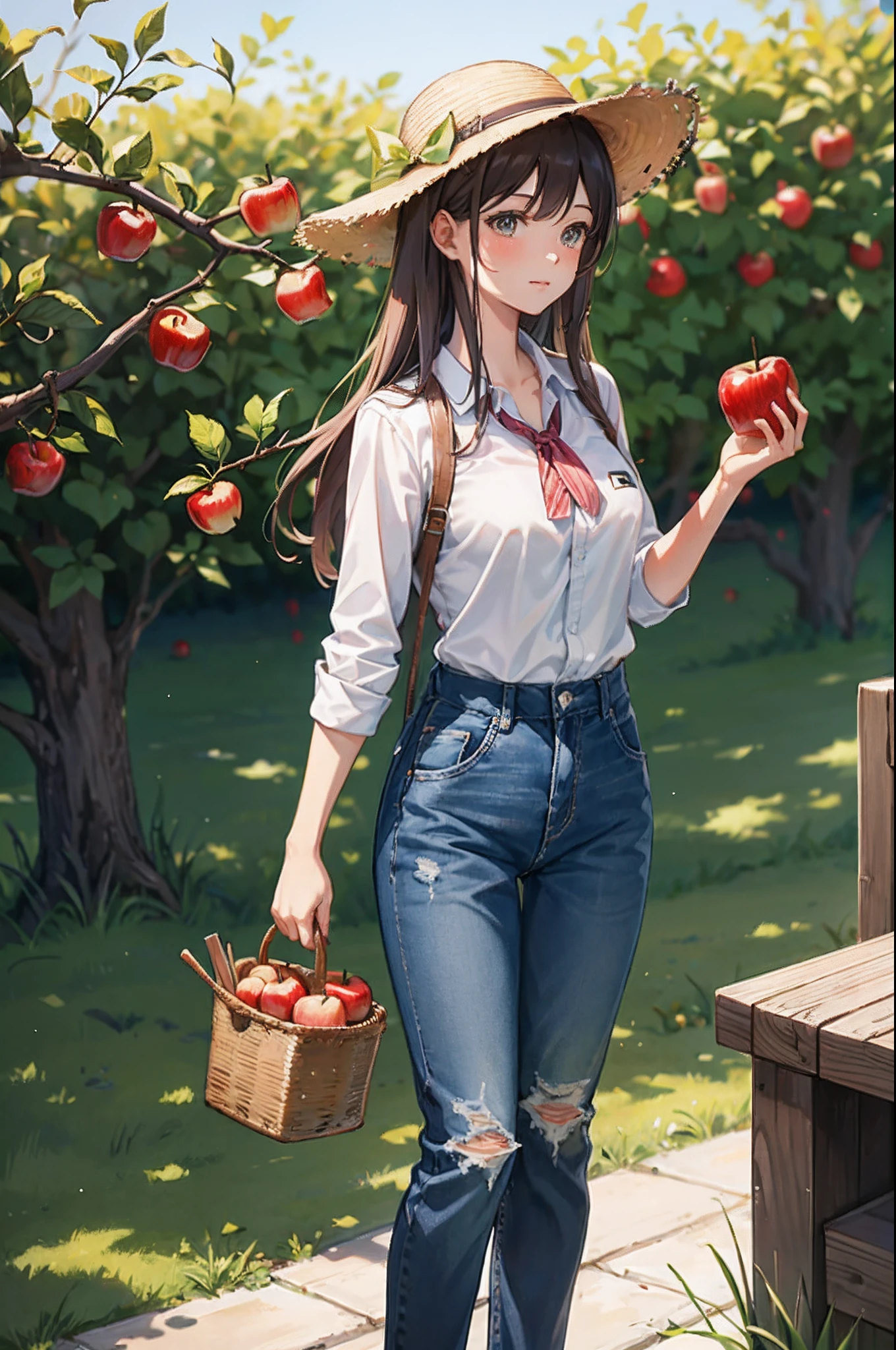a straw fedora hat Take apples from the apple tree Check button shirt denim pant Field Apple orchards {{ember}}