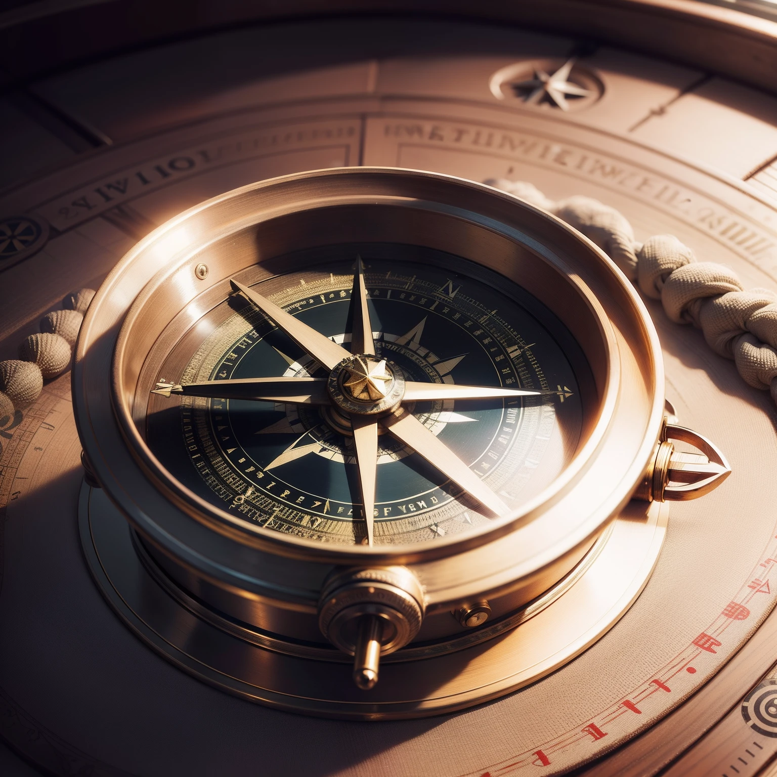 Best quality, masterpiece, (photorealistic:1.4), RAW photo, 8k portrait image of a 19th century ship's navigational (((compass))), imposing and heavy, crafted with fine details of metal parts and a tough, thick, bicelated glass cover. The navigational compass found on the 19th century ship is a masterpiece of engineering and artistry. Its presence on the ship's deck is imposing and evokes a sense of confidence amidst the vast oceans. The base of the compass is made of finely polished and varnished mahogany wood, which gleams in the sunlight. This solid base sits on a metal stand ornamented with intricate engravings that capture the essence of the period. The dome covering the compass is a specimen of craftsmanship. It is constructed of sturdy, thick, bi-cellular glass that is almost a work of art in itself. The glass is so clear and pure that it allows a clear view of the compass inside while protecting its delicate mechanisms from the elements. Inside the dome, the compass takes center stage. Its housing is made of sturdy, polished metal that gleams with a golden or bronze hue, depending on the choice of period design. The engraved letters and numerals on the compass are finely detailed and framed by intricate patterns. The compass saucer is an imposing wheel that turns smoothly and accurately. The compass rose is painted in rich, deep colors that contrast vividly with the background. The cardinal points are marked with old-style lettering that evokes the age of sailing. The carefully designed compass needles are delicate yet functional. The north needle is particularly striking, with an arrowhead pointing purposefully toward the North Pole, while the south needle is in the background, indicating the opposite direction. The compass is mounted on a sturdy gimbal that allows it to remain level even when the ship is bobbing in the waves. The gimbal is adorned with metal details that add a touch of beauty to its practical function.