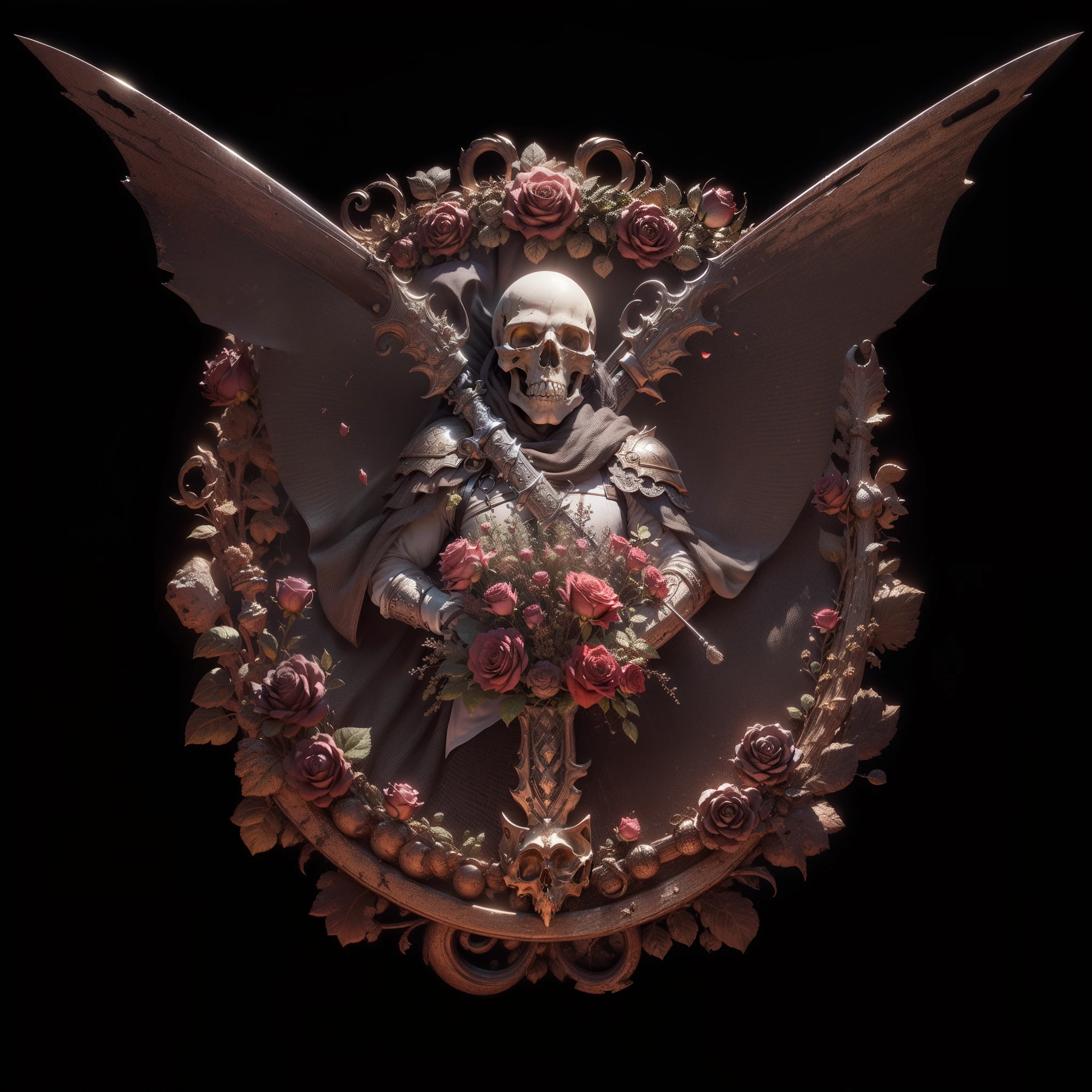 (8k, RAW Photo, Best Quality, Masterpiece: 1.2), (Realism, Photorealistic :1.37), (Best Quality), Ultra High Resolution, Extremely Detailed CG Unity 8k Wallpaper, Physically Based Rendering, Cinematic Lighting, Full Body, (Bokeh: 1.4),) Skull, Sword, Rose, Skull with Sword in Stick, Blood Rose, Metallic Wind --auto --s2