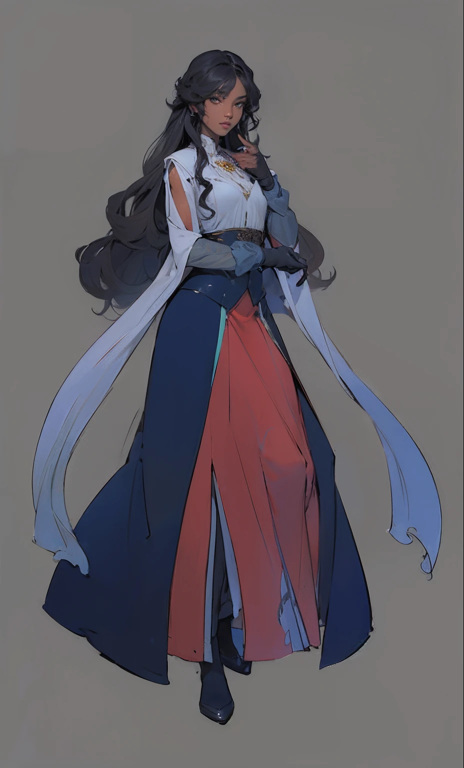 (Masterpiece, best quality) detailed, good-looking perfect face, long curly hair, full of details, dark skin, black gloves